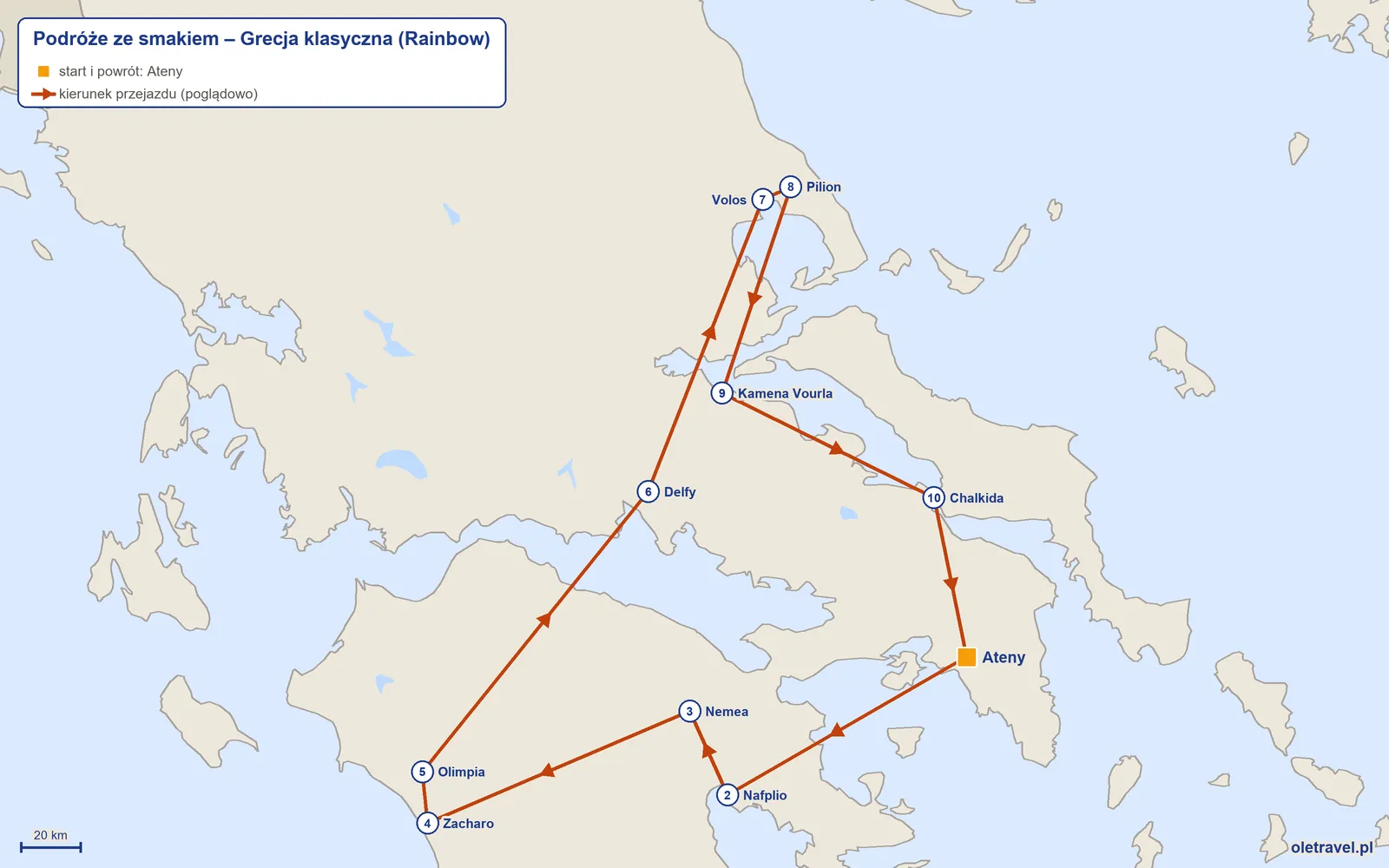 Mapa trasy wycieczki „Podróże ze smakiem – Grecja klasyczna” z Rainbow: Ateny – Nafplio – Nemea – Zacharo – Olimpia – Delfy – Volos – Pilion – Kamena Vourla – Chalkida – Ateny