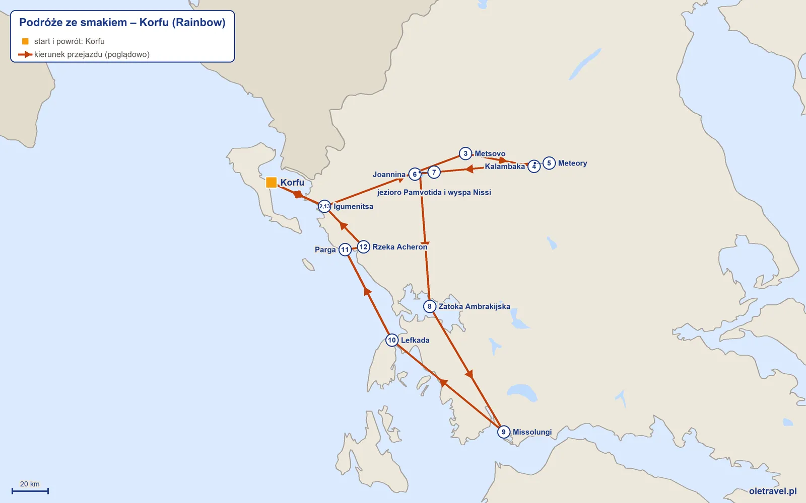 Mapa trasy wycieczki „Podróże ze smakiem – Korfu” z Rainbow: Korfu – Igumenitsa – Metsovo – Kalambaka – Meteory – Joannina – jezioro Pamvotida i wyspa Nissi – Zatoka Ambrakijska – Missolungi – Lefkada – Parga – Rzeka Acheron – Igumenitsa – Korfu