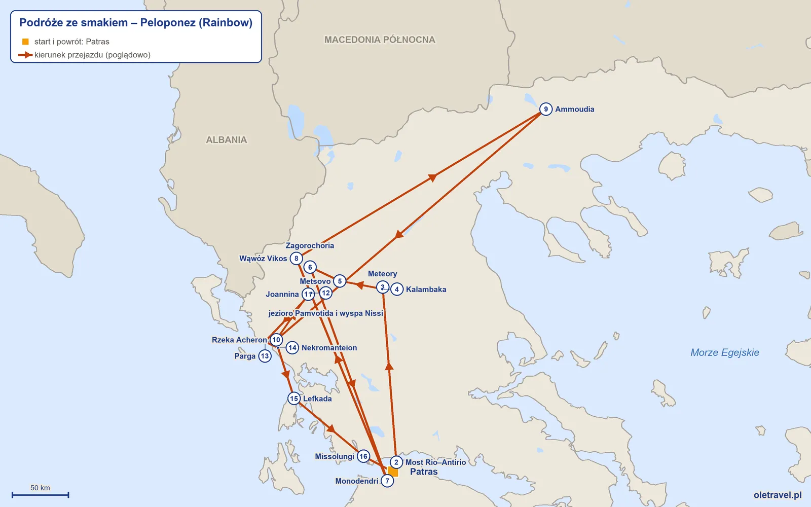 Mapa trasy wycieczki „Podróże ze smakiem – Peloponez” z Rainbow: Patras – Most Rio–Antirio – Meteory – Kalambaka – Metsovo – Zagorochoria – Monodendri – Wąwóz Vikos – Ammoudia – Rzeka Acheron – Joannina – jezioro Pamvotida i wyspa Nissi – Parga – Nekromanteion – Lefkada – Missolungi – Patras