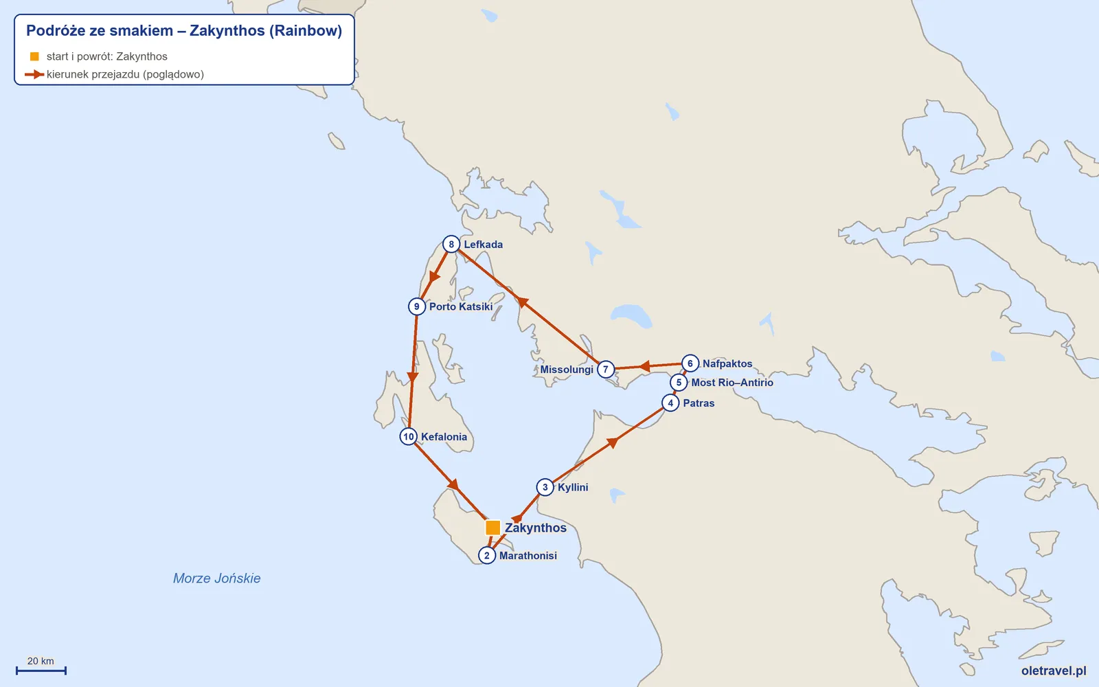 Mapa trasy wycieczki „Podróże ze smakiem – Zakynthos” z Rainbow: Zakynthos – Marathonisi – Kyllini – Patras – Most Rio–Antirio – Nafpaktos – Missolungi – Lefkada – Porto Katsiki – Kefalonia – Zakynthos