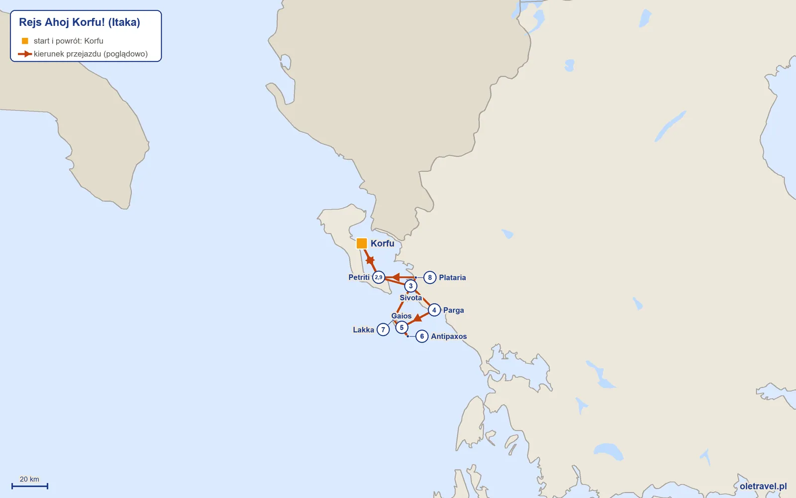 Mapa trasy wycieczki „Rejs Ahoj Korfu!” z Itaką: Korfu – Petriti – Sivota – Parga – Gaios – Antipaxos – Lakka – Plataria – Petriti – Korfu