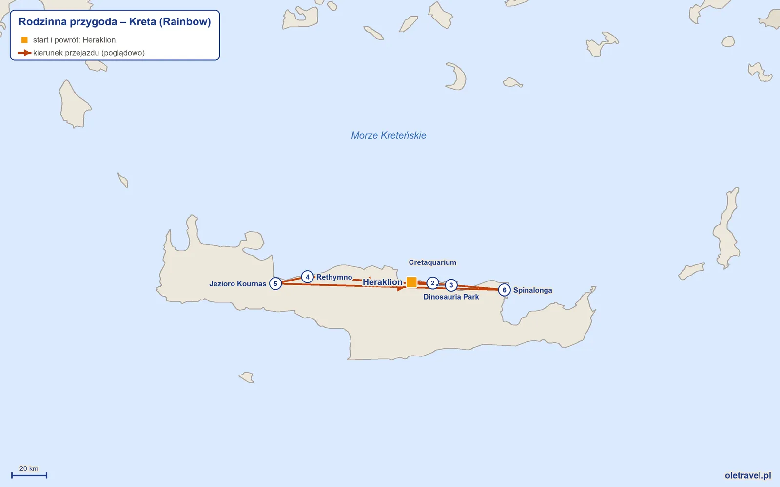 Mapa trasy wycieczki „Rodzinna przygoda – Kreta” z Rainbow: Heraklion – Cretaquarium – Dinosauria Park – Rethymno – Jezioro Kournas – Spinalonga – Heraklion