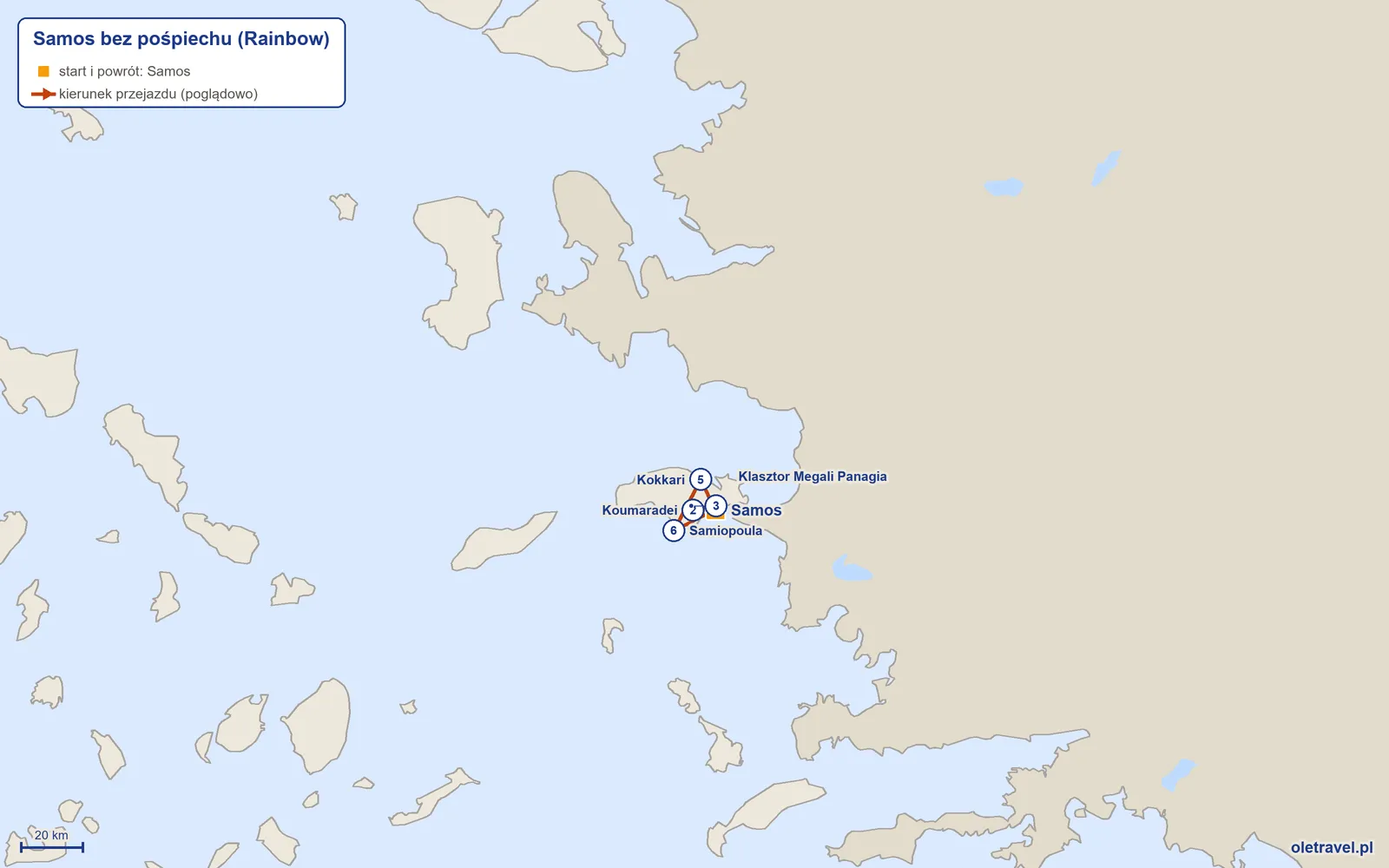 Mapa trasy wycieczki „Samos bez pośpiechu” z Rainbow: Samos – Koumaradei – Klasztor Megali Panagia – Samos – Kokkari – Samiopoula – Samos