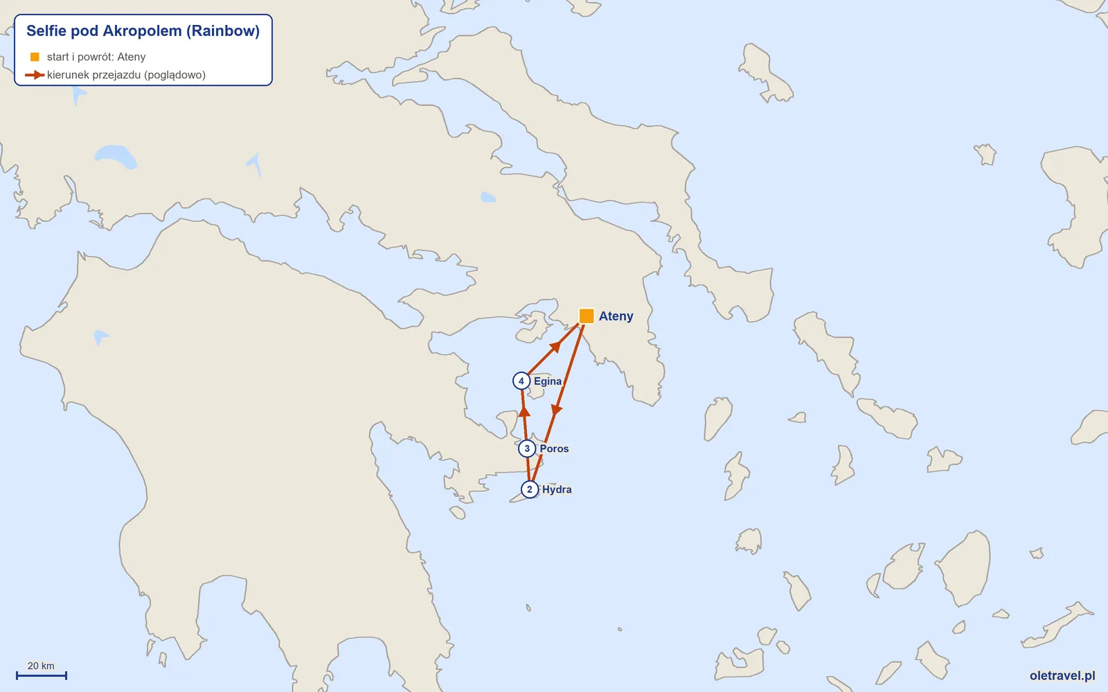 Mapa trasy wycieczki „Selfie pod Akropolem” z Rainbow: Ateny – Hydra – Poros – Egina – Ateny