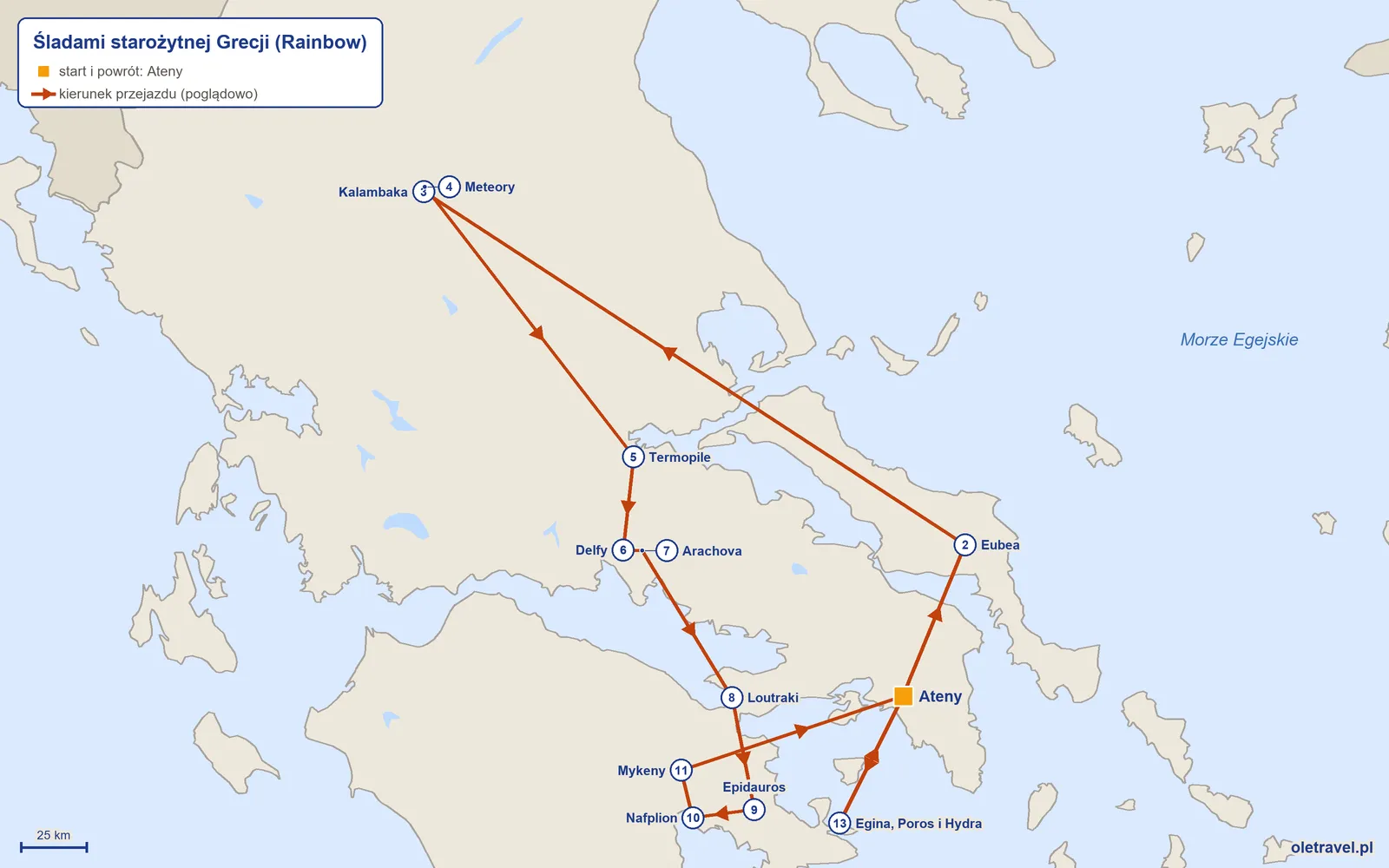 Mapa trasy wycieczki „Śladami starożytnej Grecji” z Rainbow: Ateny – Eubea – Kalambaka – Meteory – Termopile – Delfy – Arachova – Loutraki – Epidauros – Nafplion – Mykeny – Ateny – Egina, Poros i Hydra – Ateny
