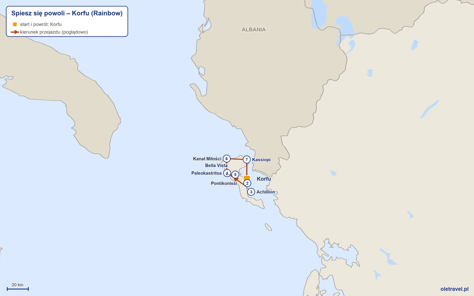 Mapa trasy wycieczki „Spiesz się powoli – Korfu” z Rainbow: Korfu – Pontikonissi – Achillion – Paleokastritsa – Bella Vista – Kanał Miłości – Kassiopi – Korfu