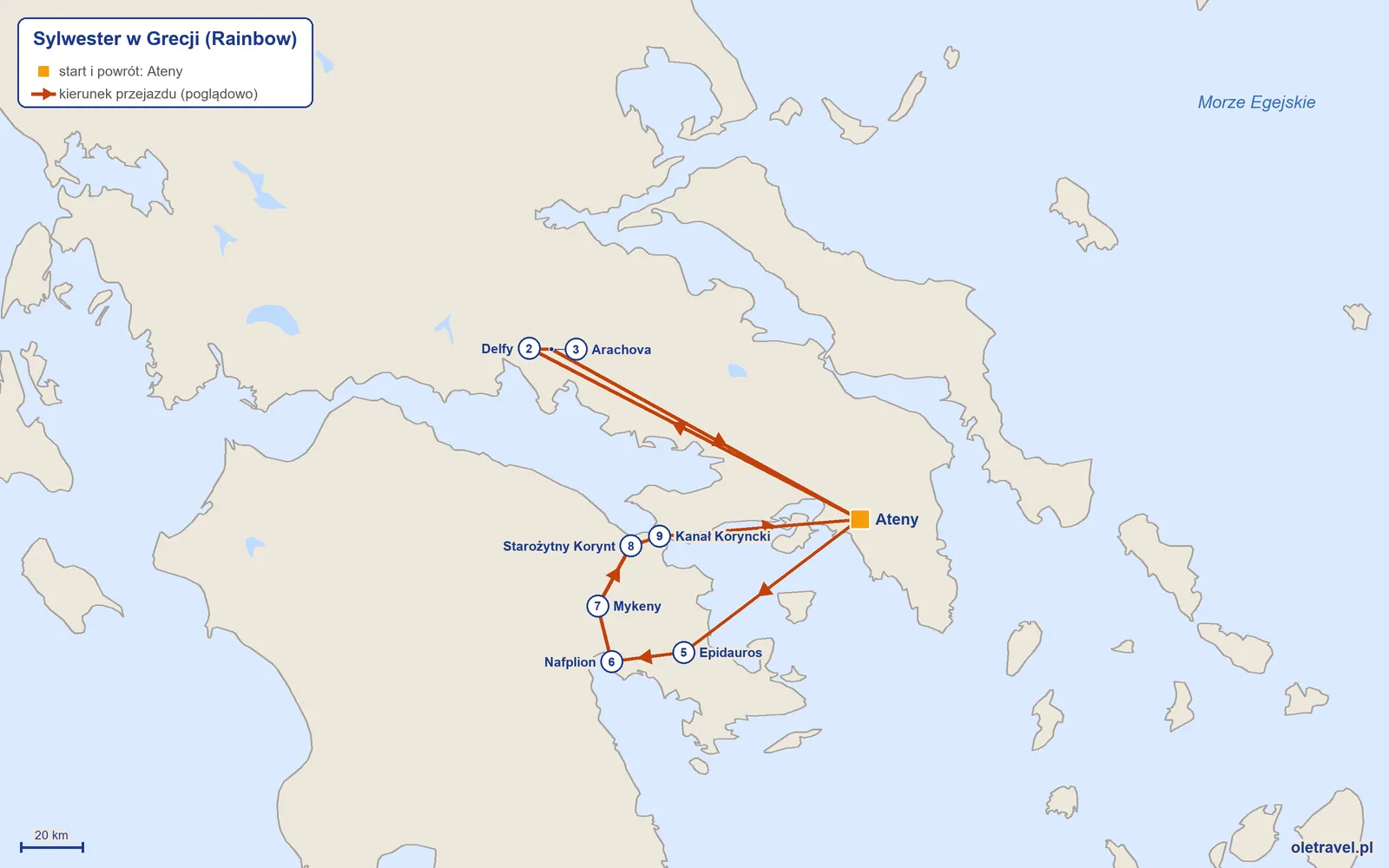 Mapa trasy wycieczki „Sylwester w Grecji” z Rainbow: Ateny – Delfy – Arachova – Ateny – Epidauros – Nafplion – Mykeny – Starożytny Korynt – Kanał Koryncki – Ateny