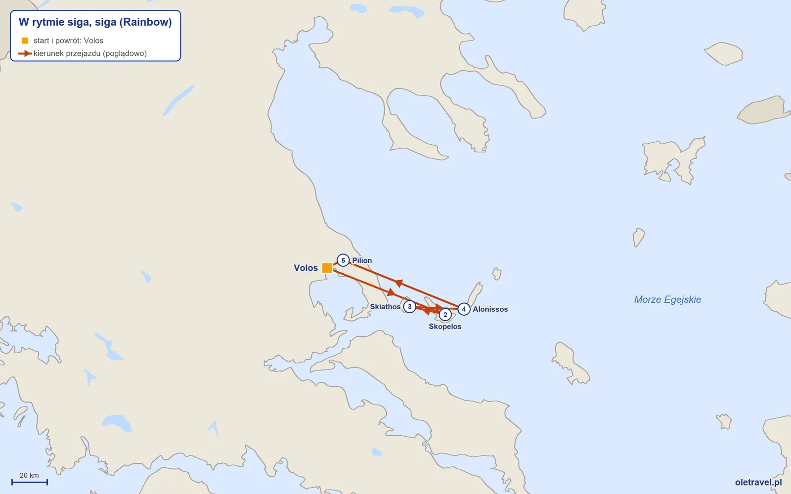 Mapa trasy wycieczki „W rytmie siga, siga” z Rainbow: Volos – Skopelos – Skiathos – Alonissos – Pilion – Volos