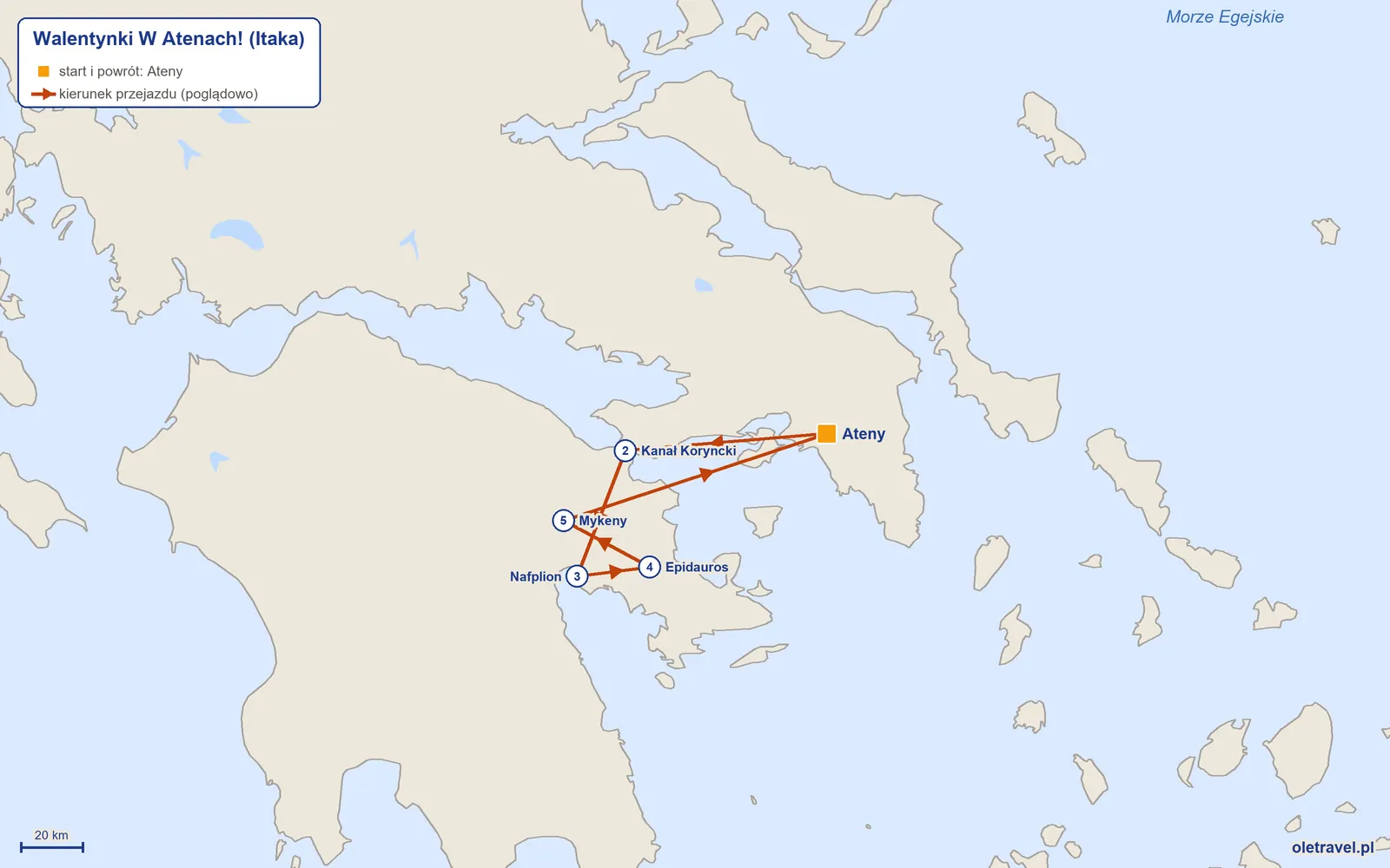 Mapa trasy wycieczki „Walentynki W Atenach!” z Itaką: Ateny – Kanał Koryncki – Nafplion – Epidauros – Mykeny – Ateny