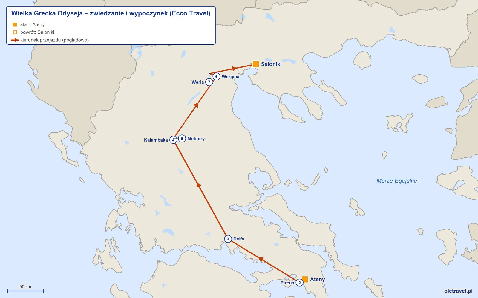 Mapa trasy wycieczki „Wielka Grecka Odyseja – zwiedzanie i wypoczynek” z Ecco Travel: Ateny – Pireus – Delfy – Kalambaka – Meteory – Wergina – Weria – Saloniki