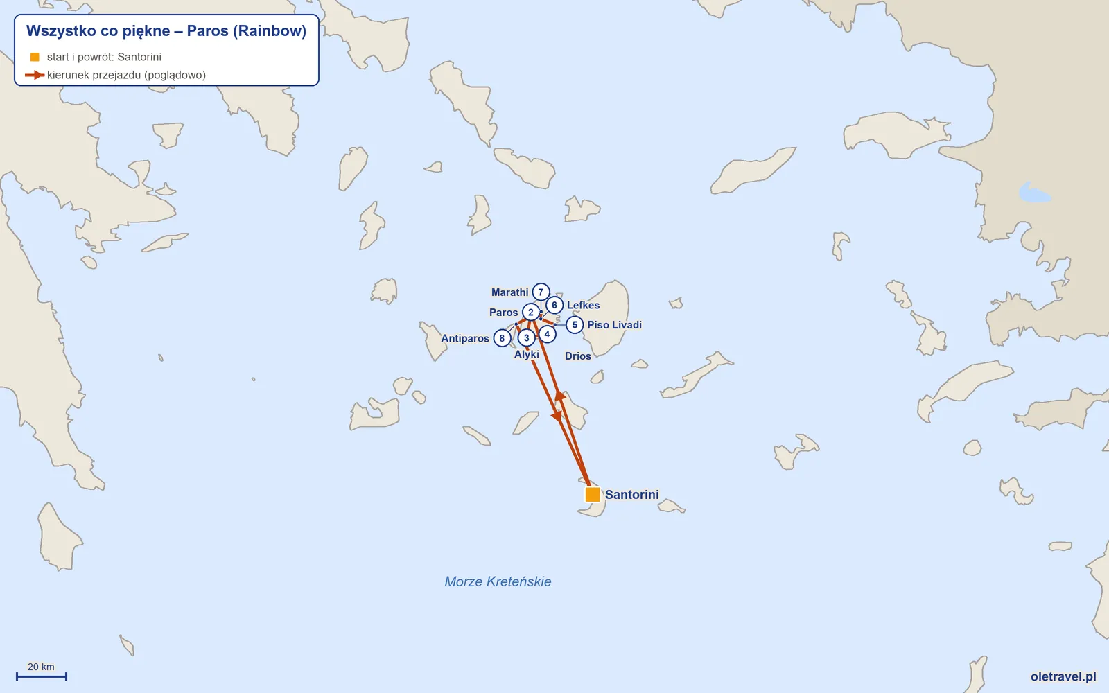 Mapa trasy wycieczki „Wszystko co piękne – Paros” z Rainbow: Santorini – Paros – Alyki – Drios – Piso Livadi – Lefkes – Marathi – Antiparos – Santorini