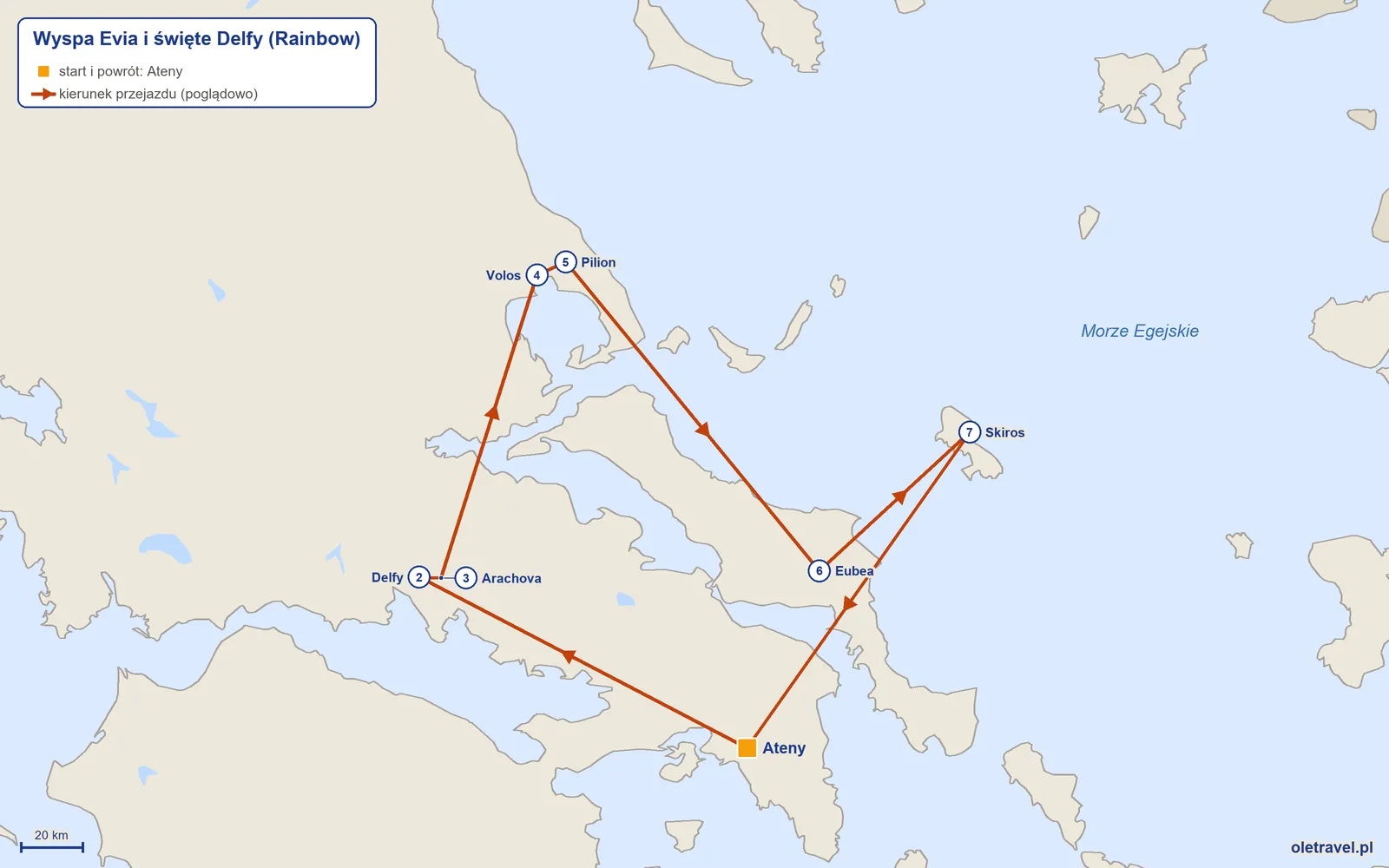 Mapa trasy wycieczki „Wyspa Evia i święte Delfy” z Rainbow: Ateny – Delfy – Arachova – Volos – Pilion – Eubea – Skiros – Ateny