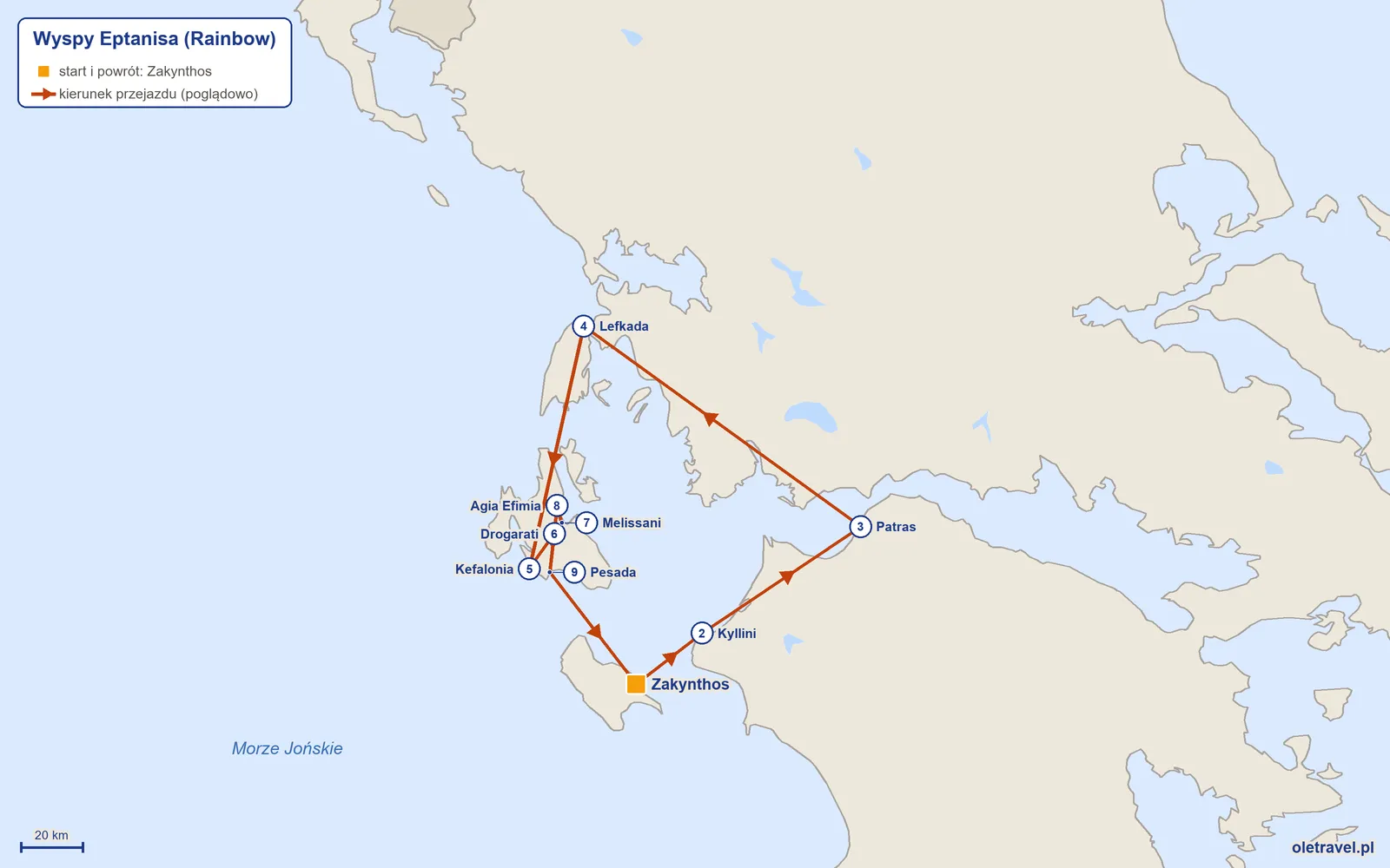 Mapa trasy wycieczki „Wyspy Eptanisa” z Rainbow: Zakynthos – Kyllini – Patras – Lefkada – Kefalonia – Drogarati – Melissani – Agia Efimia – Pesada – Zakynthos