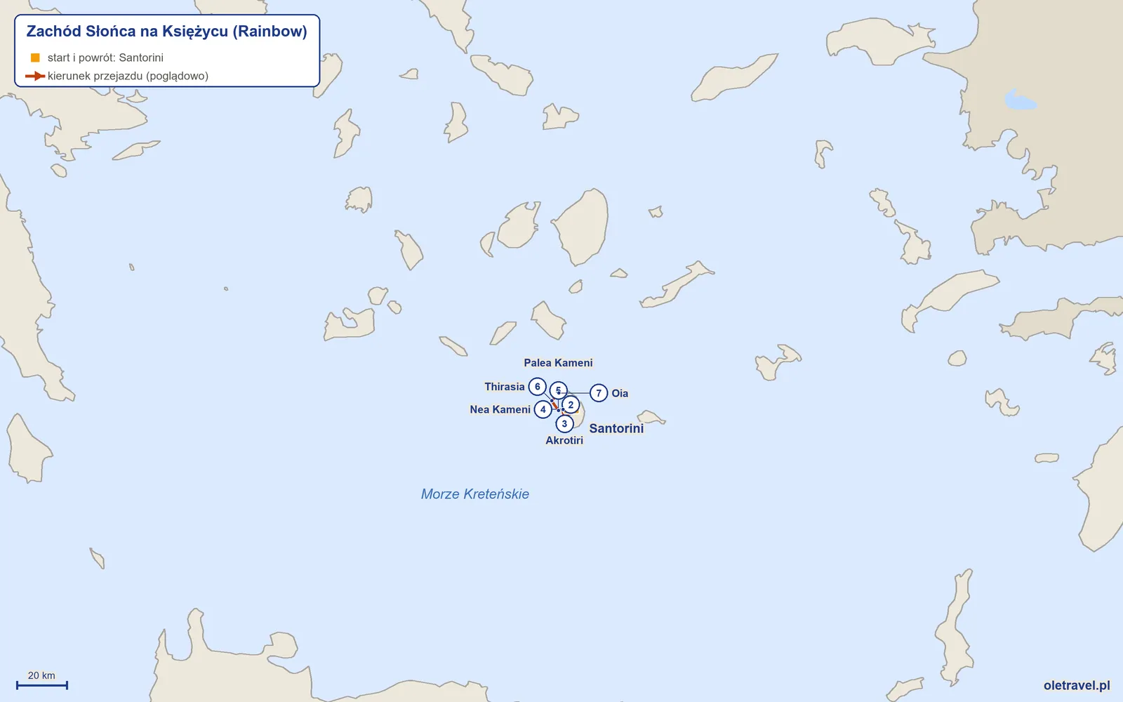 Mapa trasy wycieczki „Zachód Słońca na Księżycu” z Rainbow: Santorini – Fira – Akrotiri – Nea Kameni – Palea Kameni – Thirasia – Oia – Santorini