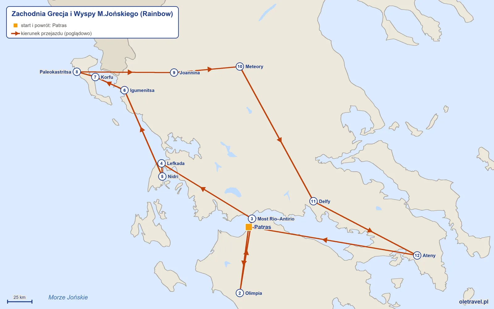 Mapa trasy wycieczki „Zachodnia Grecja i Wyspy M.Jońskiego” z Rainbow: Patras – Olimpia – Most Rio–Antirio – Lefkada – Nidri – Igumenitsa – Korfu – Paleokastritsa – Joannina – Meteory – Delfy – Ateny – Patras