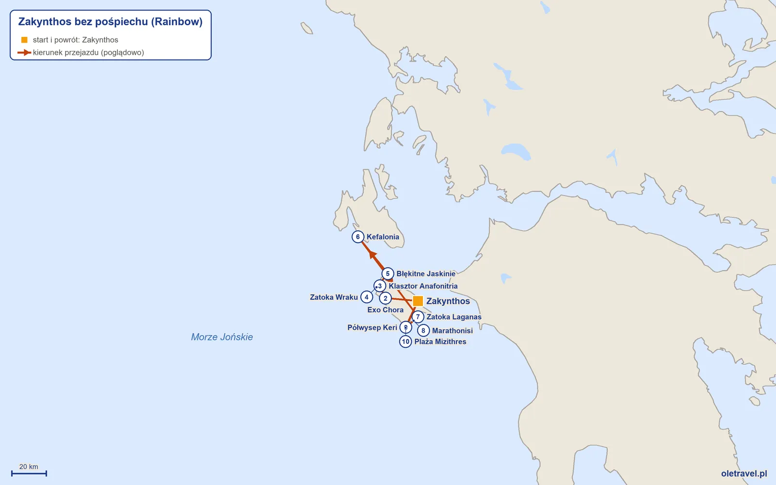 Mapa trasy wycieczki „Zakynthos bez pośpiechu” z Rainbow: Zakynthos – Exo Chora – Klasztor Anafonitria – Zatoka Wraku – Błękitne Jaskinie – Kefalonia – Zatoka Laganas – Marathonisi – Półwysep Keri – Plaża Mizithres – Zakynthos
