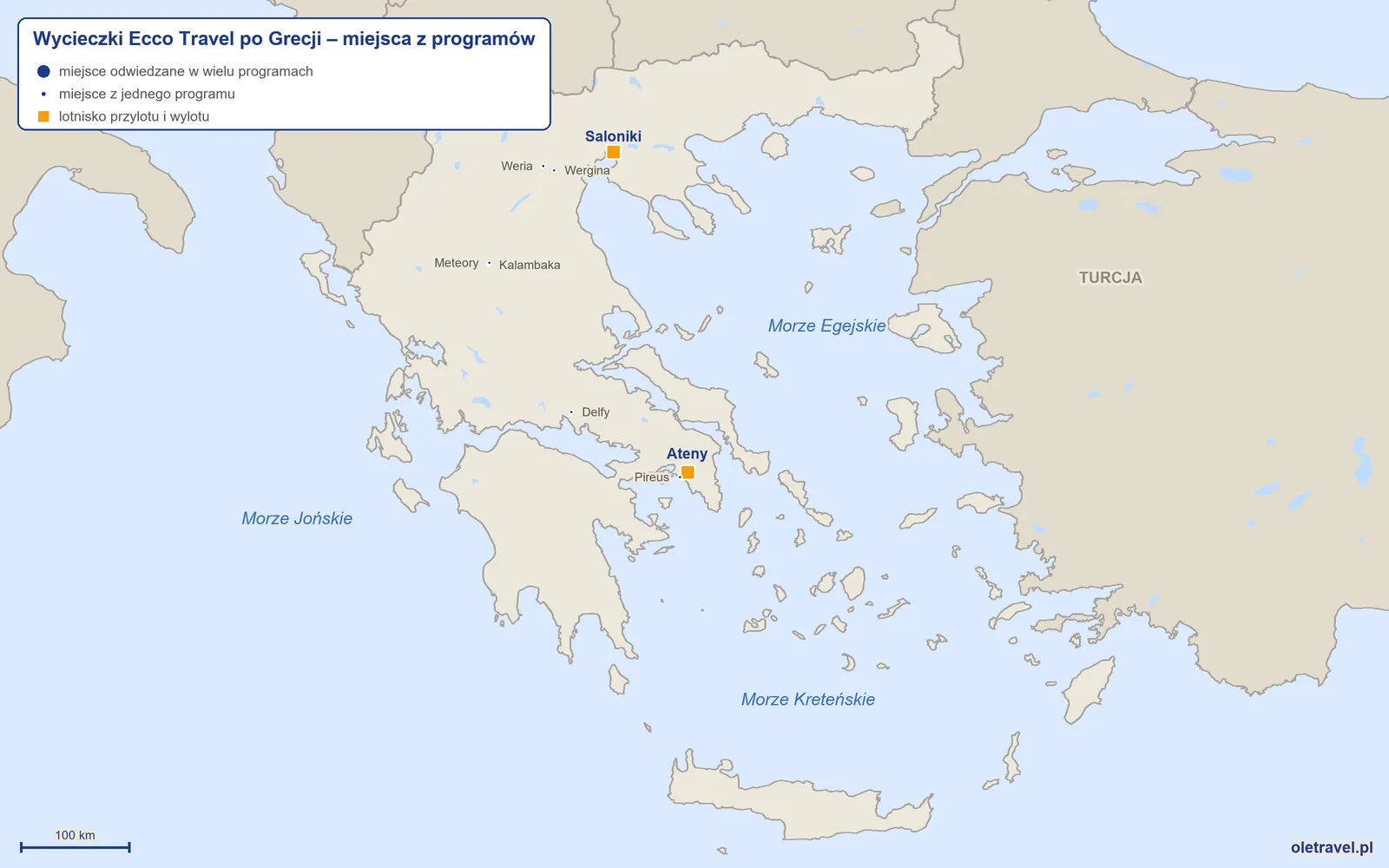 Mapa: Grecja z miejscami z programów wycieczek objazdowych Ecco Travel