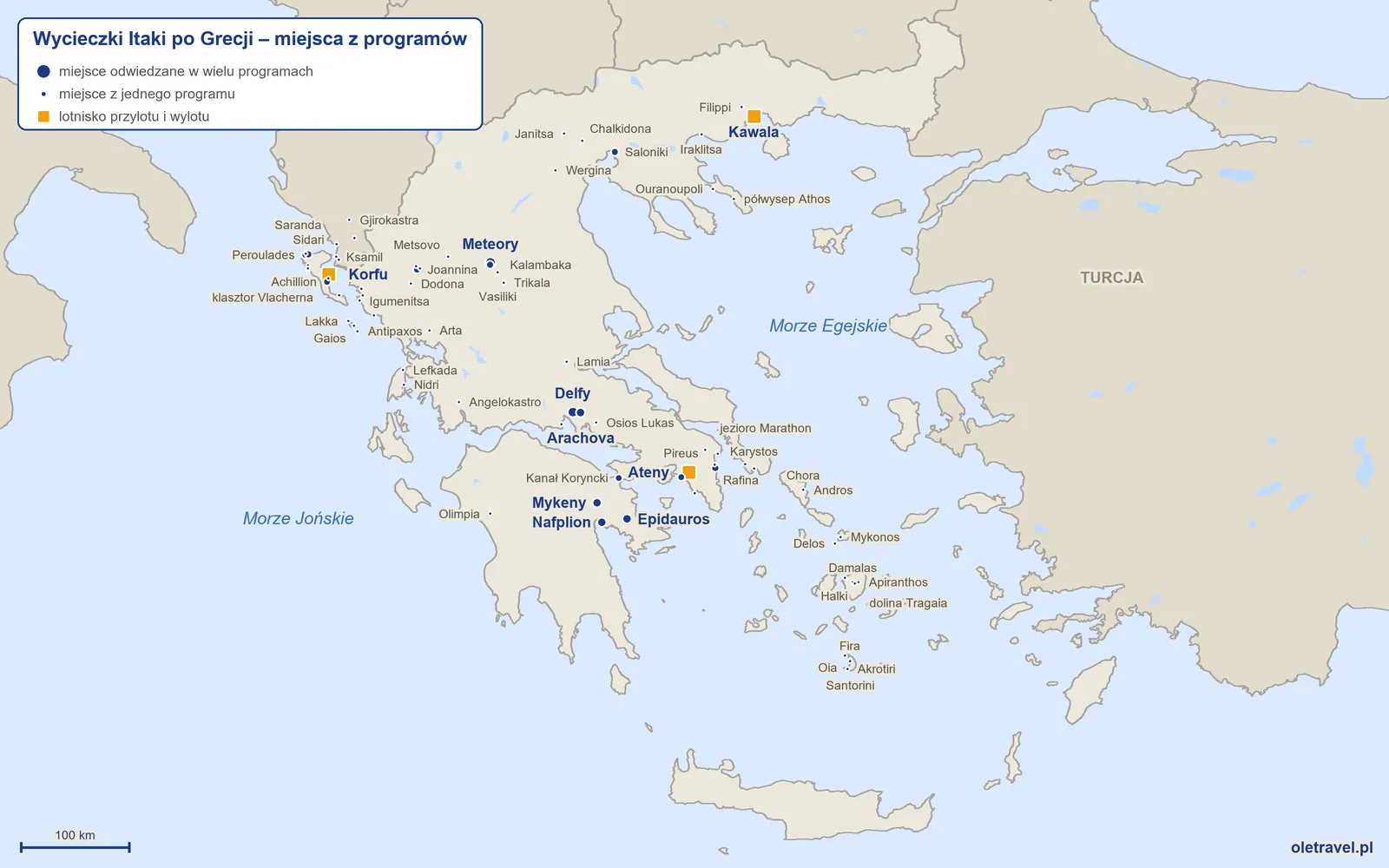 Mapa: Grecja z miejscami z programów wycieczek objazdowych Itaki