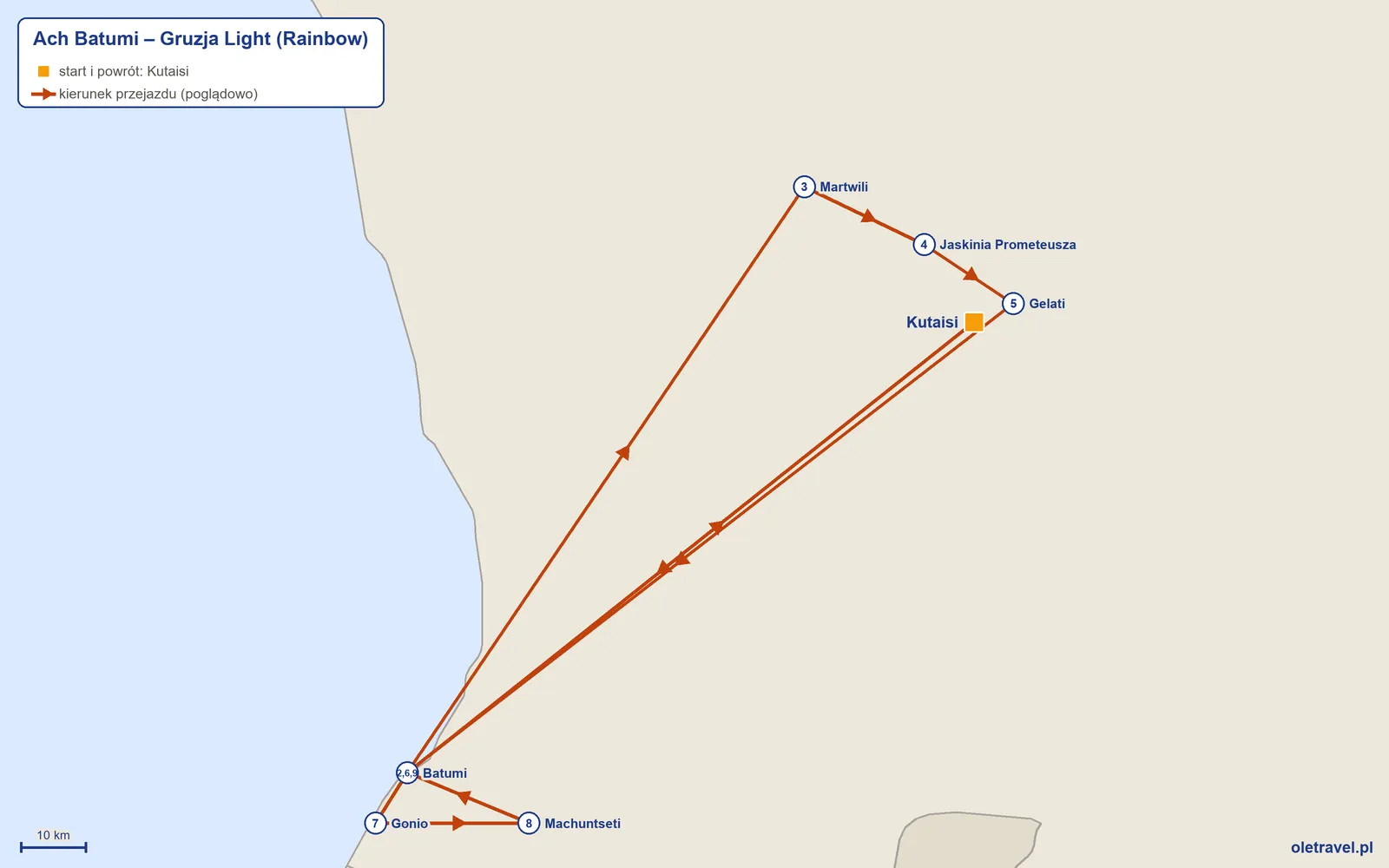 Mapa trasy wycieczki „Ach Batumi – Gruzja Light” z Rainbow: Kutaisi – Batumi – Martwili – Jaskinia Prometeusza – Gelati – Batumi – Gonio – Machuntseti – Batumi – Kutaisi