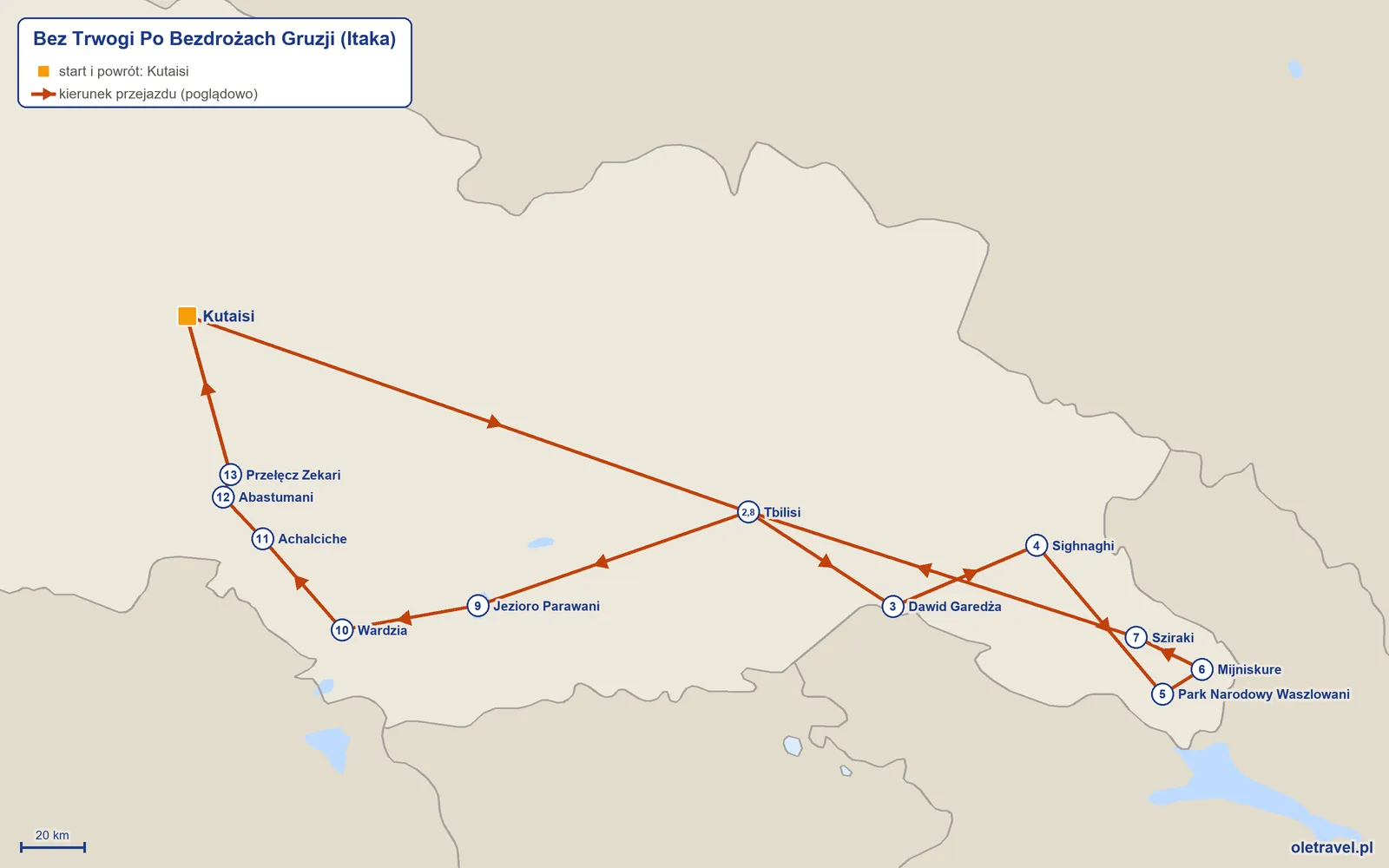 Mapa trasy wycieczki „Bez Trwogi Po Bezdrożach Gruzji” z Itaką: Kutaisi – Tbilisi – Dawid Garedża – Sighnaghi – Park Narodowy Waszlowani – Mijniskure – Sziraki – Tbilisi – Jezioro Parawani – Wardzia – Achalciche – Abastumani – Przełęcz Zekari – Kutaisi