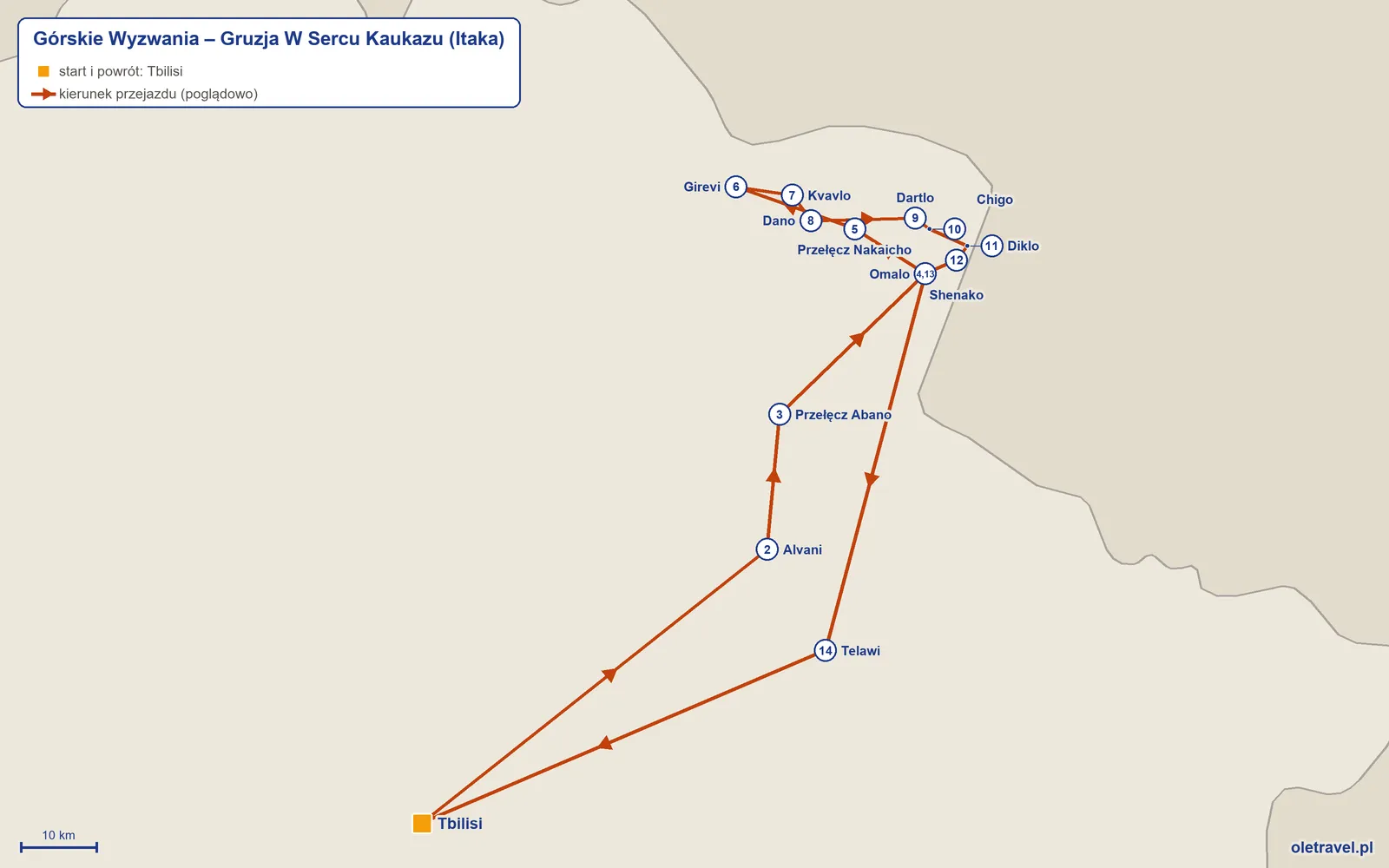 Mapa trasy wycieczki „Górskie Wyzwania – Gruzja W Sercu Kaukazu” z Itaką: Tbilisi – Alvani – Przełęcz Abano – Omalo – Przełęcz Nakaicho – Girevi – Kvavlo – Dano – Dartlo – Chigo – Diklo – Shenako – Omalo – Telawi – Tbilisi