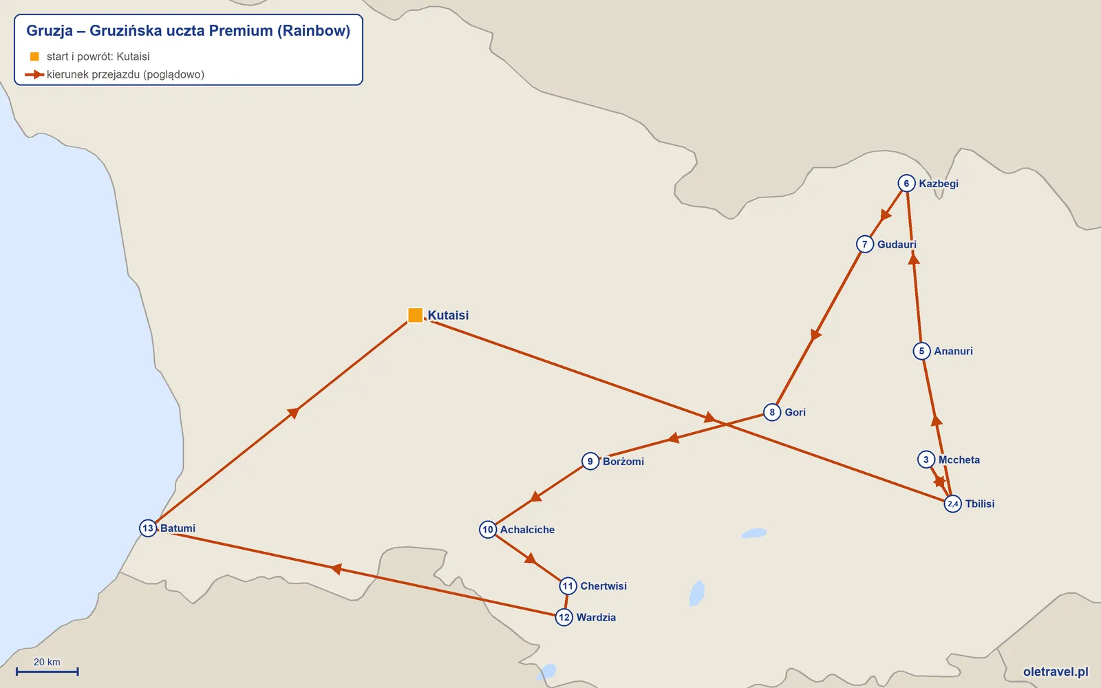 Mapa trasy wycieczki „Gruzja – Gruzińska uczta Premium” z Rainbow: Kutaisi – Tbilisi – Mccheta – Tbilisi – Ananuri – Kazbegi – Gudauri – Gori – Borżomi – Achalciche – Chertwisi – Wardzia – Batumi – Kutaisi