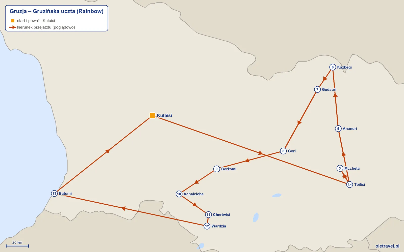 Mapa trasy wycieczki „Gruzja – Gruzińska uczta” z Rainbow: Kutaisi – Tbilisi – Mccheta – Tbilisi – Ananuri – Kazbegi – Gudauri – Gori – Borżomi – Achalciche – Chertwisi – Wardzia – Batumi – Kutaisi