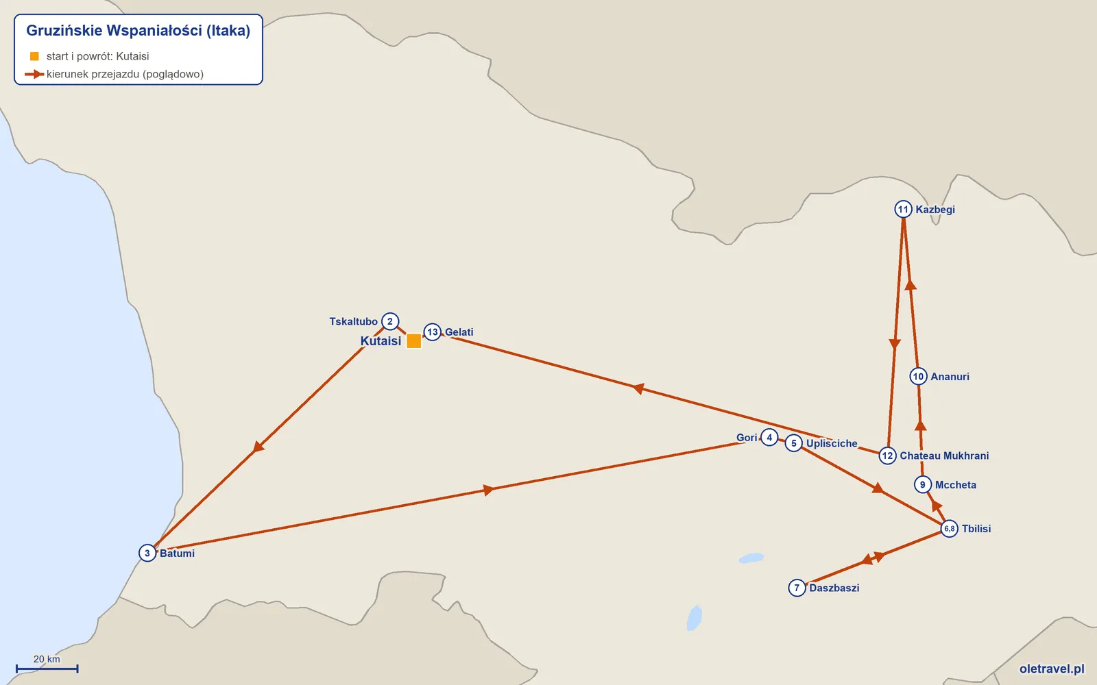 Mapa trasy wycieczki „Gruzińskie Wspaniałości” z Itaką: Kutaisi – Tskaltubo – Batumi – Gori – Uplisciche – Tbilisi – Daszbaszi – Tbilisi – Mccheta – Ananuri – Kazbegi – Chateau Mukhrani – Gelati – Kutaisi
