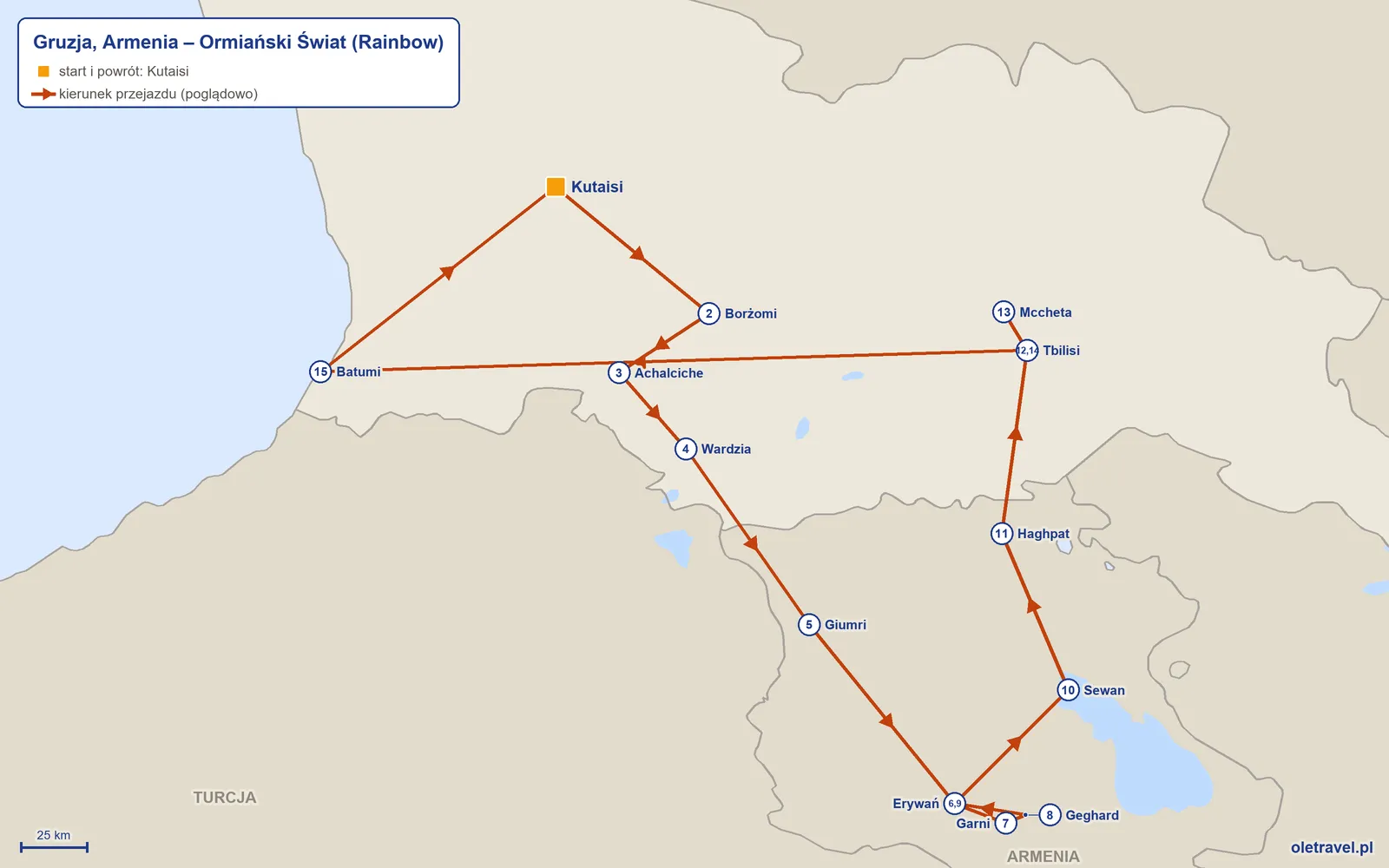 Mapa trasy wycieczki „Gruzja, Armenia – Ormiański Świat” z Rainbow: Kutaisi – Borżomi – Achalciche – Wardzia – Giumri – Erywań – Garni – Geghard – Erywań – Sewan – Haghpat – Tbilisi – Mccheta – Tbilisi – Batumi – Kutaisi