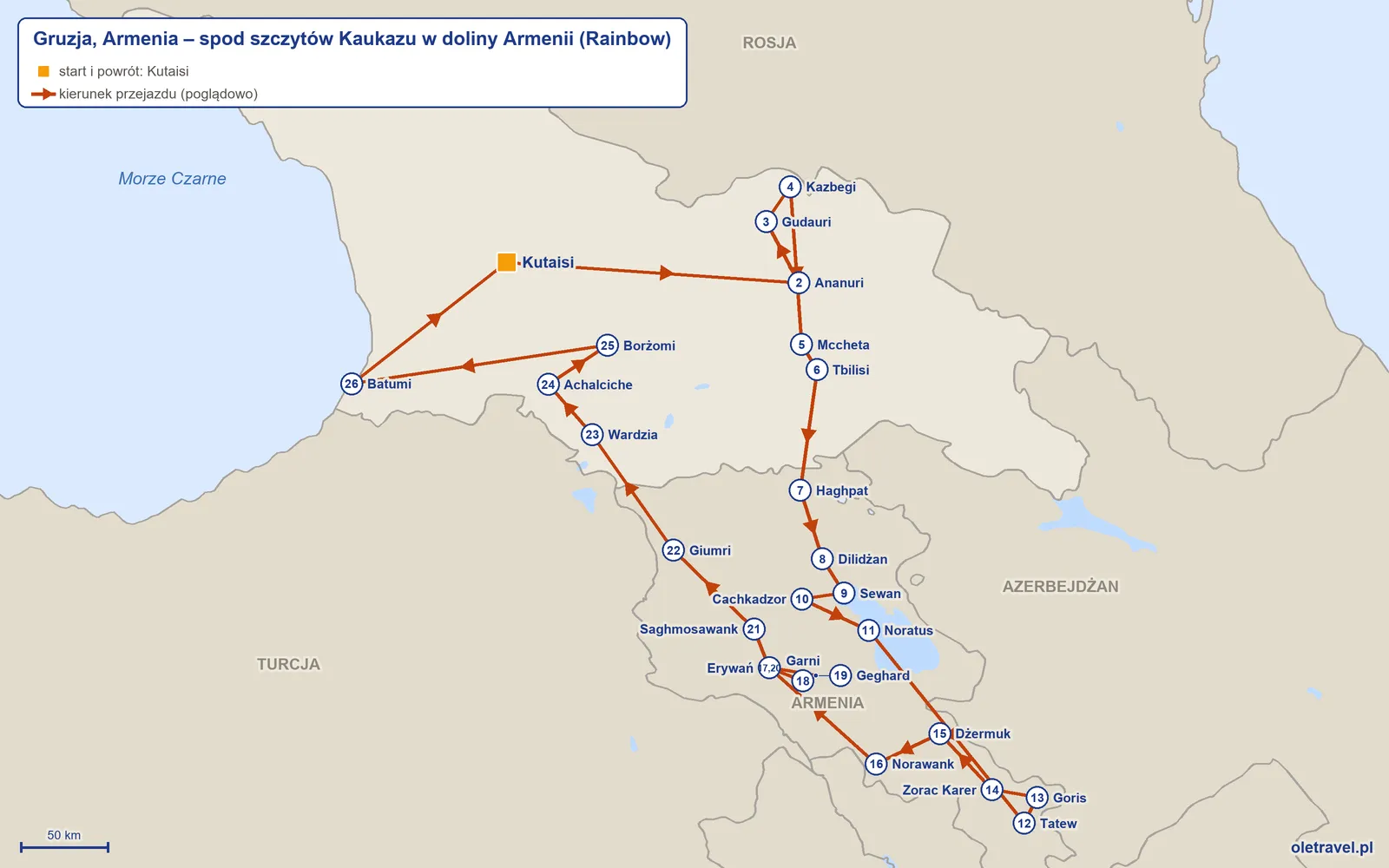 Mapa trasy wycieczki „Gruzja, Armenia – spod szczytów Kaukazu w doliny Armenii” z Rainbow: Kutaisi – Ananuri – Gudauri – Kazbegi – Mccheta – Tbilisi – Haghpat – Dilidżan – Sewan – Cachkadzor – Noratus – Tatew – Goris – Zorac Karer – Dżermuk – Norawank – Erywań – Garni – Geghard – Erywań – Saghmosawank – Giumri – Wardzia – Achalciche – Borżomi – Batumi – Kutaisi