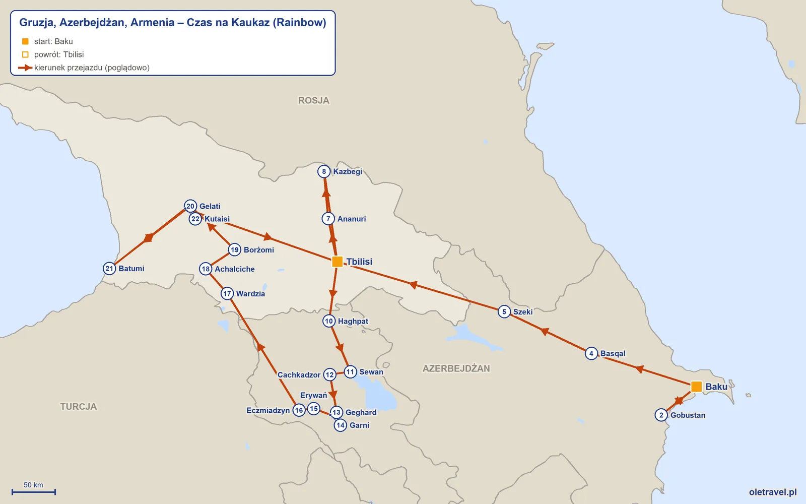 Mapa trasy wycieczki „Gruzja, Azerbejdżan, Armenia – Czas na Kaukaz” z Rainbow: Baku – Gobustan – Baku – Basqal – Szeki – Tbilisi – Ananuri – Kazbegi – Tbilisi – Haghpat – Sewan – Cachkadzor – Geghard – Garni – Erywań – Eczmiadzyn – Wardzia – Achalciche – Borżomi – Gelati – Batumi – Kutaisi – Tbilisi