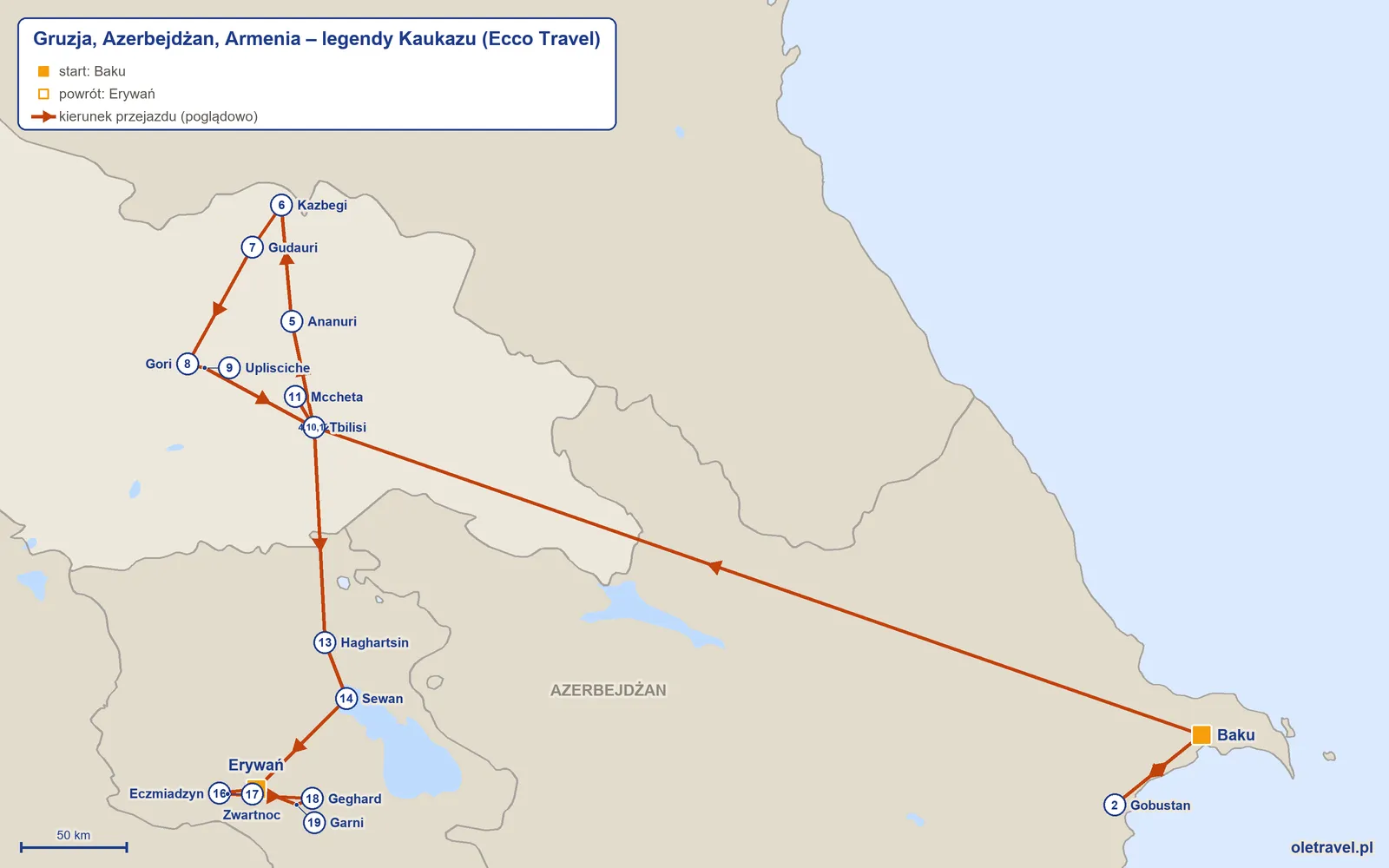Mapa trasy wycieczki „Gruzja, Azerbejdżan, Armenia – legendy Kaukazu” z Ecco Travel: Baku – Gobustan – Baku – Tbilisi – Ananuri – Kazbegi – Gudauri – Gori – Uplisciche – Tbilisi – Mccheta – Tbilisi – Haghartsin – Sewan – Erywań – Eczmiadzyn – Zwartnoc – Geghard – Garni – Erywań