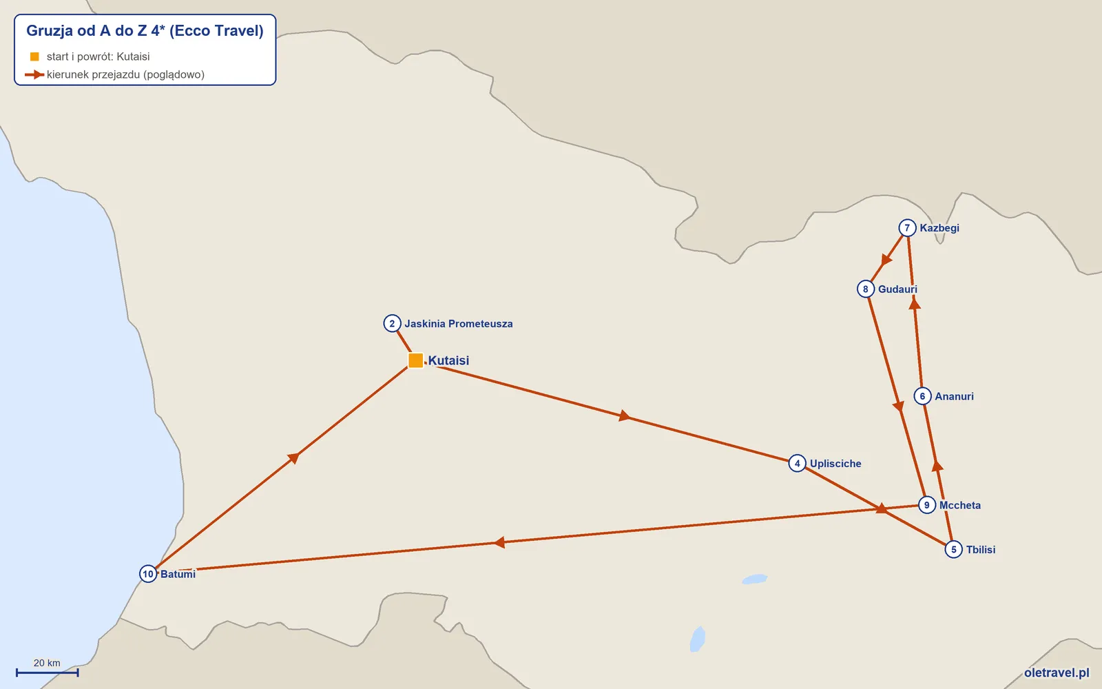 Mapa trasy wycieczki „Gruzja od A do Z 4*” z Ecco Travel: Kutaisi – Jaskinia Prometeusza – Kutaisi – Uplisciche – Tbilisi – Ananuri – Kazbegi – Gudauri – Mccheta – Batumi – Kutaisi