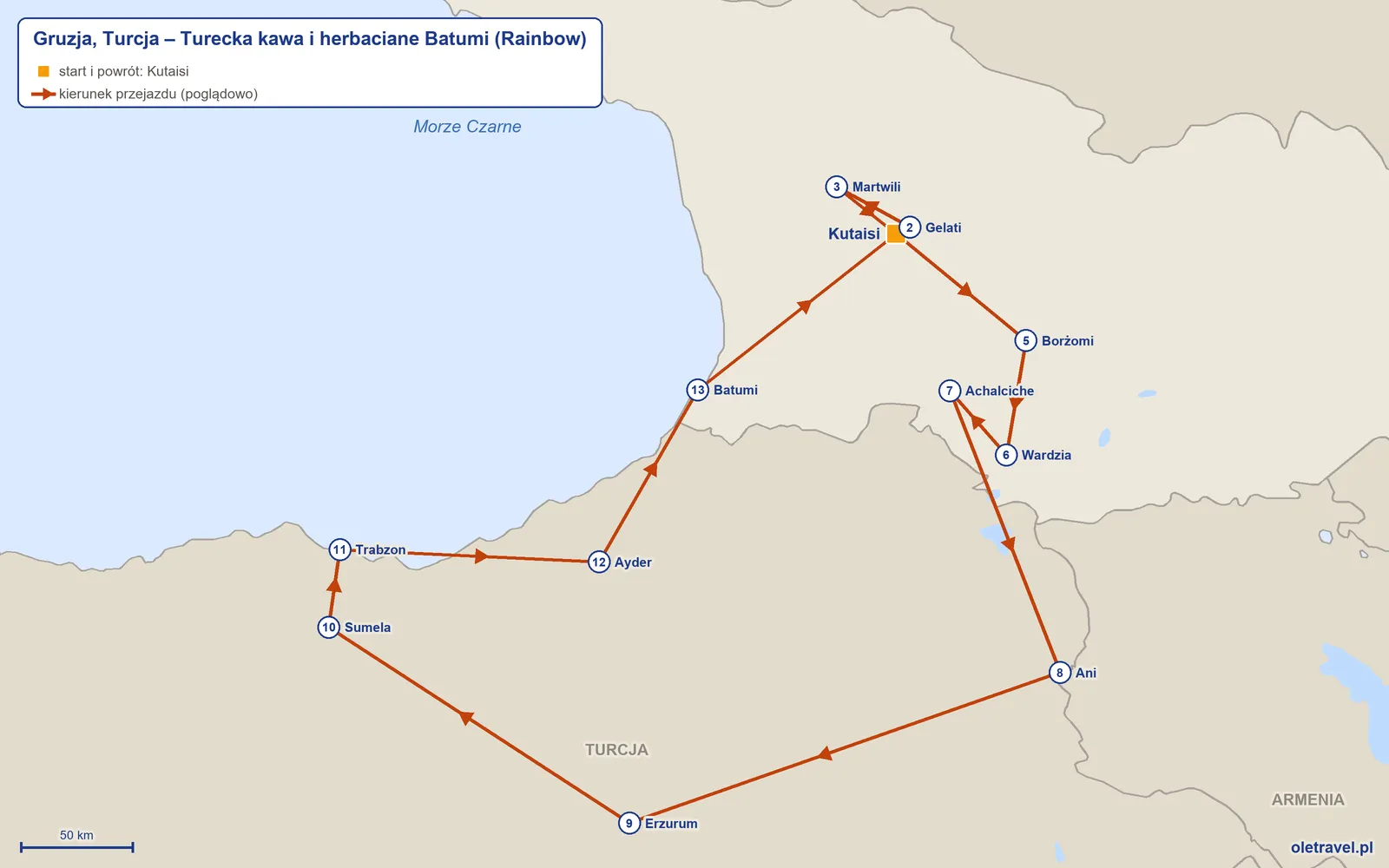 Mapa trasy wycieczki „Gruzja, Turcja – Turecka kawa i herbaciane Batumi” z Rainbow: Kutaisi – Gelati – Martwili – Kutaisi – Borżomi – Wardzia – Achalciche – Ani – Erzurum – Sumela – Trabzon – Ayder – Batumi – Kutaisi