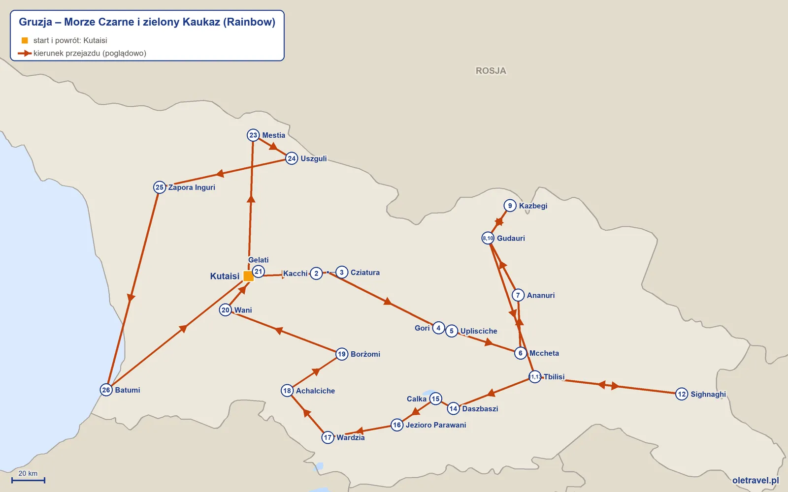 Mapa trasy wycieczki „Gruzja – Morze Czarne i zielony Kaukaz” z Rainbow: Kutaisi – Kacchi – Cziatura – Gori – Uplisciche – Mccheta – Ananuri – Gudauri – Kazbegi – Gudauri – Tbilisi – Sighnaghi – Tbilisi – Daszbaszi – Calka – Jezioro Parawani – Wardzia – Achalciche – Borżomi – Wani – Gelati – Kutaisi – Mestia – Uszguli – Zapora Inguri – Batumi – Kutaisi