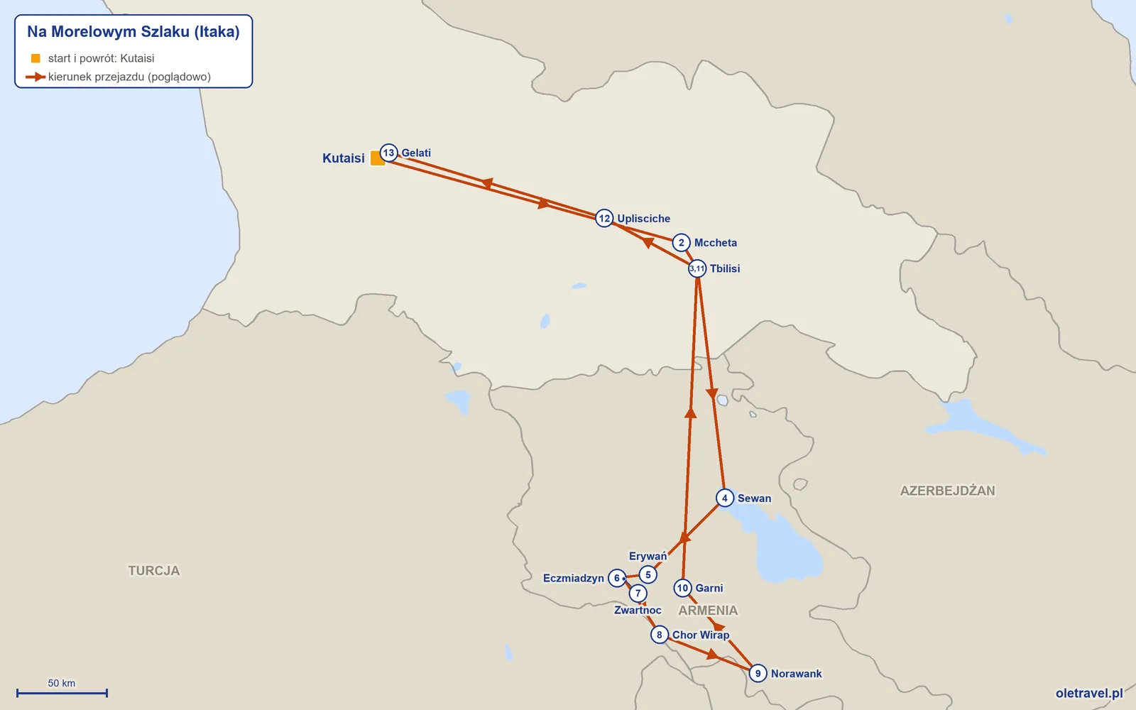 Mapa trasy wycieczki „Na Morelowym Szlaku” z Itaką: Kutaisi – Mccheta – Tbilisi – Sewan – Erywań – Eczmiadzyn – Zwartnoc – Chor Wirap – Norawank – Garni – Tbilisi – Uplisciche – Gelati – Kutaisi