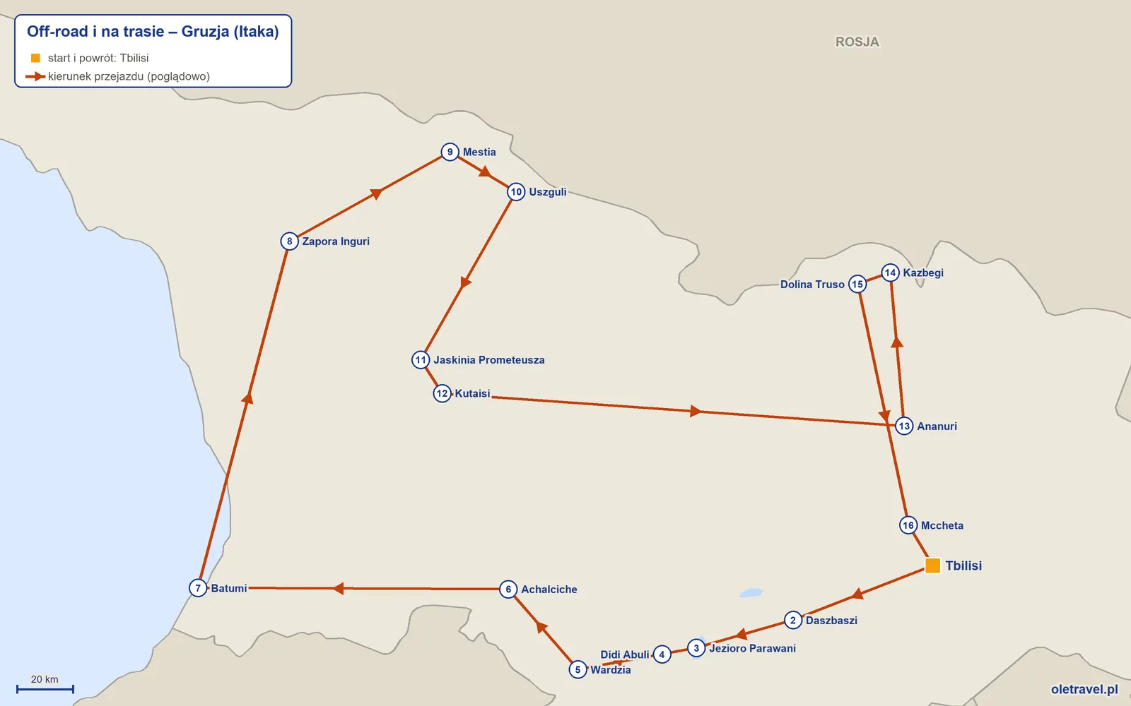 Mapa trasy wycieczki „Off-road i na trasie – Gruzja” z Itaką: Tbilisi – Daszbaszi – Jezioro Parawani – Didi Abuli – Wardzia – Achalciche – Batumi – Zapora Inguri – Mestia – Uszguli – Jaskinia Prometeusza – Kutaisi – Ananuri – Kazbegi – Dolina Truso – Mccheta – Tbilisi