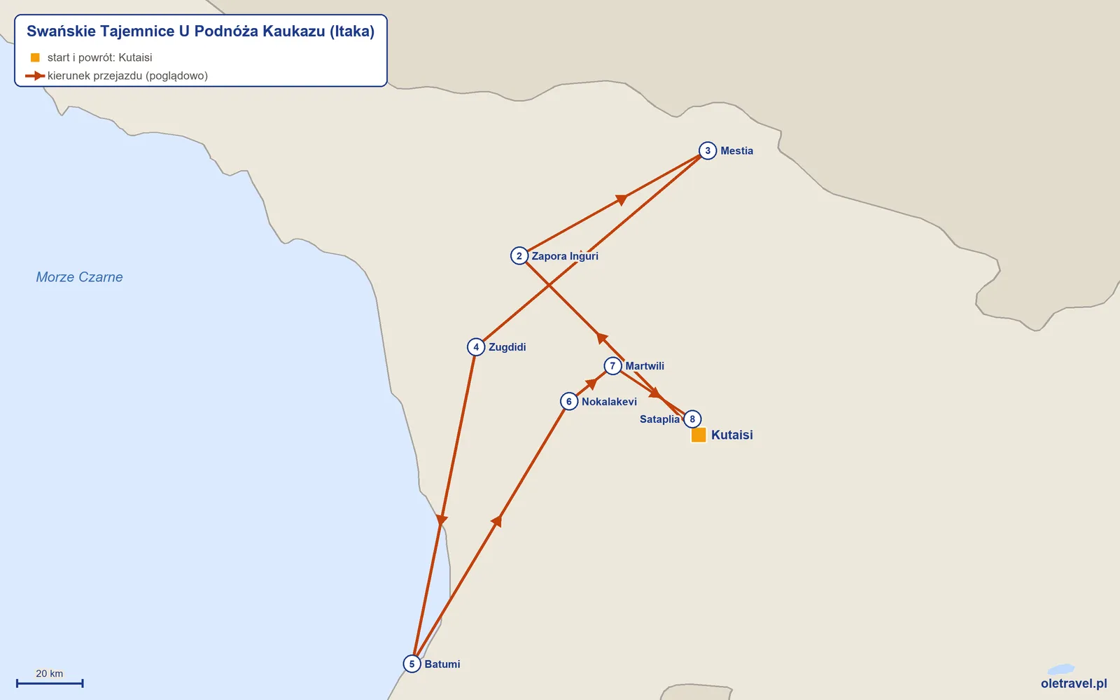Mapa trasy wycieczki „Swańskie Tajemnice U Podnóża Kaukazu” z Itaką: Kutaisi – Zapora Inguri – Mestia – Zugdidi – Batumi – Nokalakevi – Martwili – Sataplia – Kutaisi