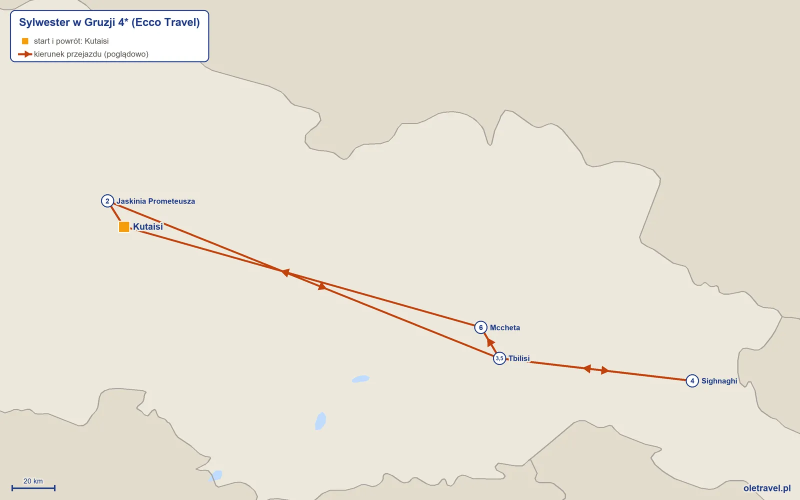 Mapa trasy wycieczki „Sylwester w Gruzji 4*” z Ecco Travel: Kutaisi – Jaskinia Prometeusza – Tbilisi – Sighnaghi – Tbilisi – Mccheta – Kutaisi