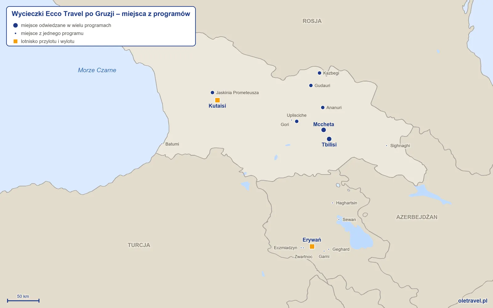 Mapa: Gruzja z miejscami z programów wycieczek objazdowych Ecco Travel