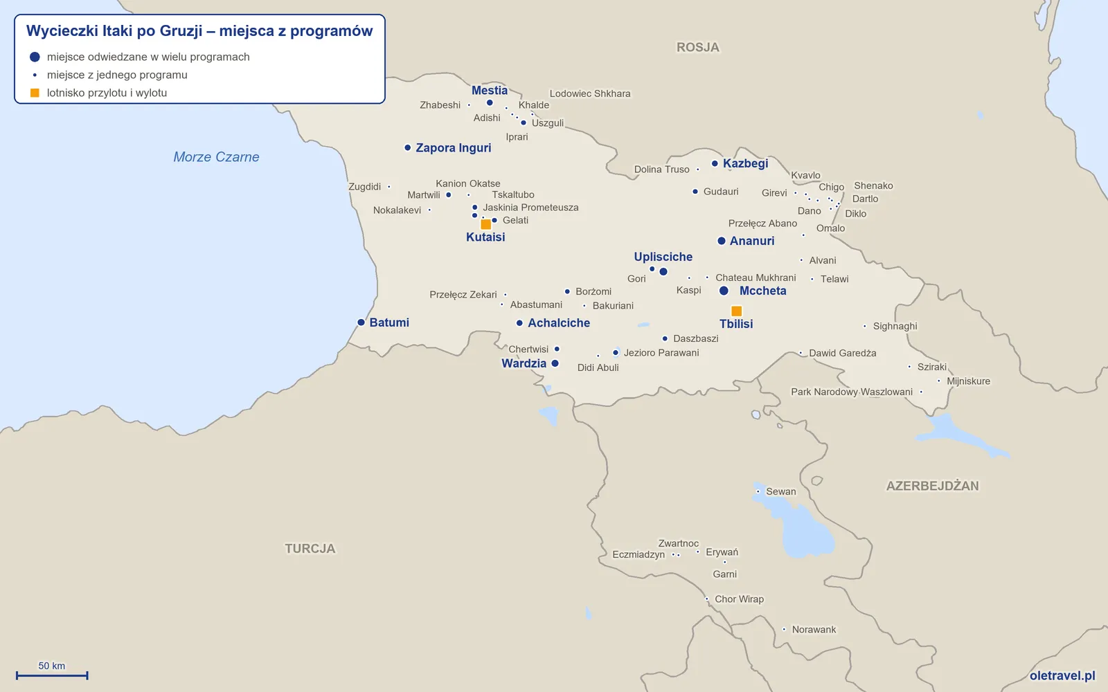 Mapa: Gruzja z miejscami z programów wycieczek objazdowych Itaki