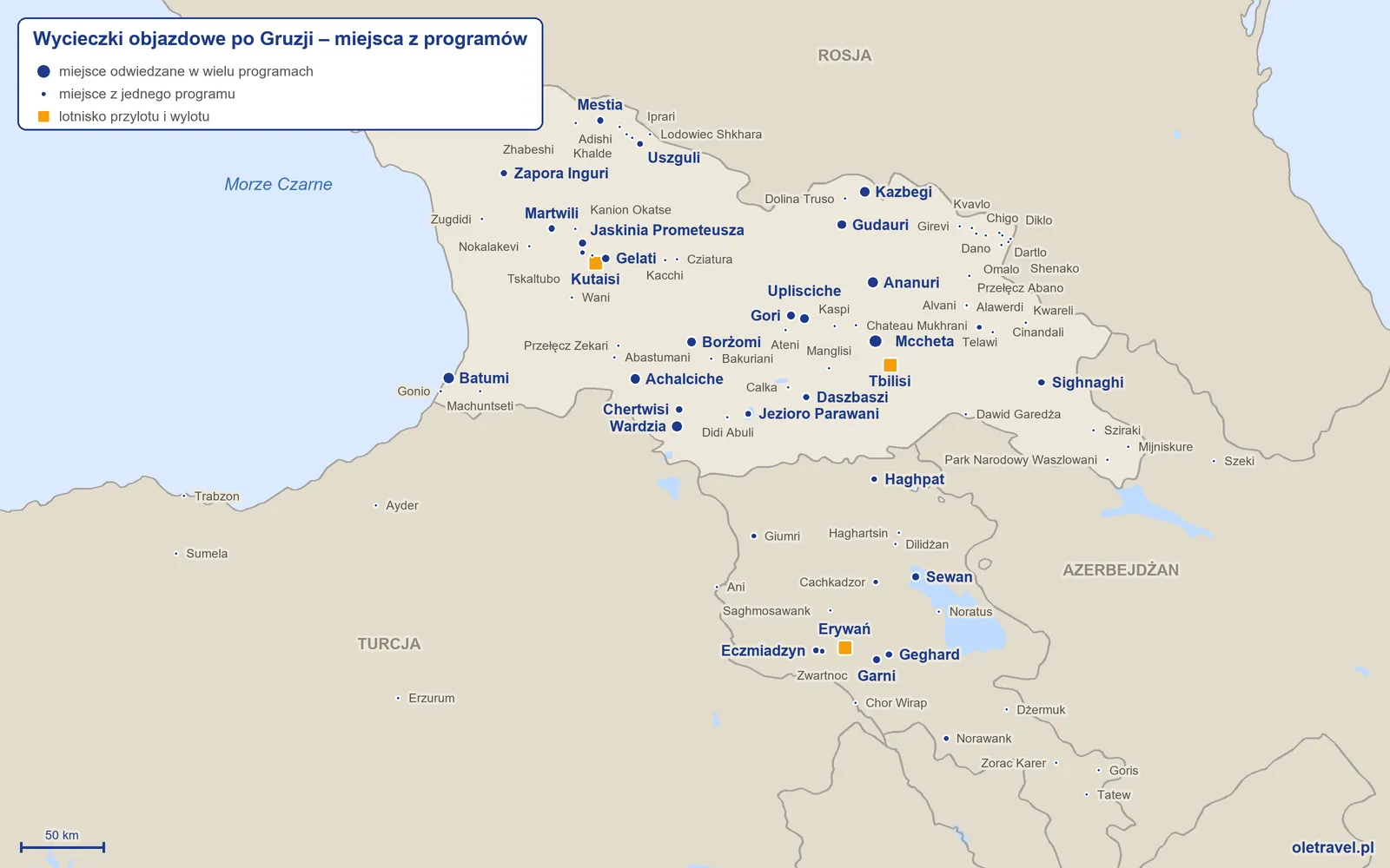 Mapa: Gruzja z miejscami odwiedzanymi na wycieczkach objazdowych z naszej oferty