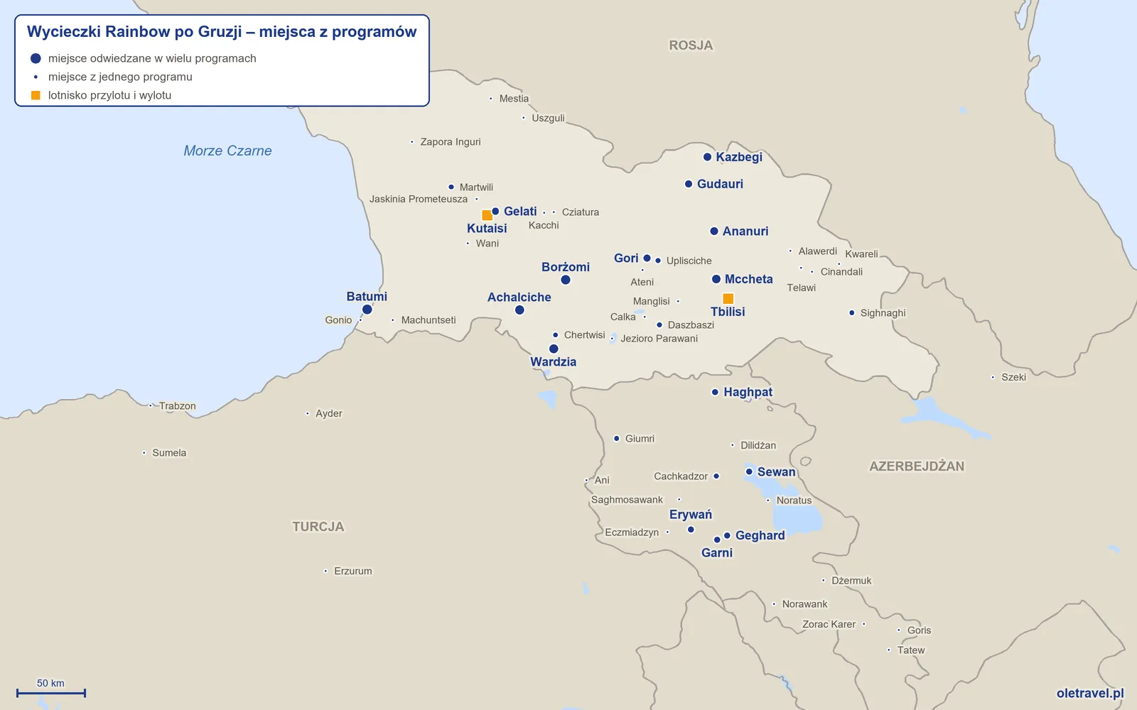 Mapa: Gruzja z miejscami z programów wycieczek objazdowych Rainbow