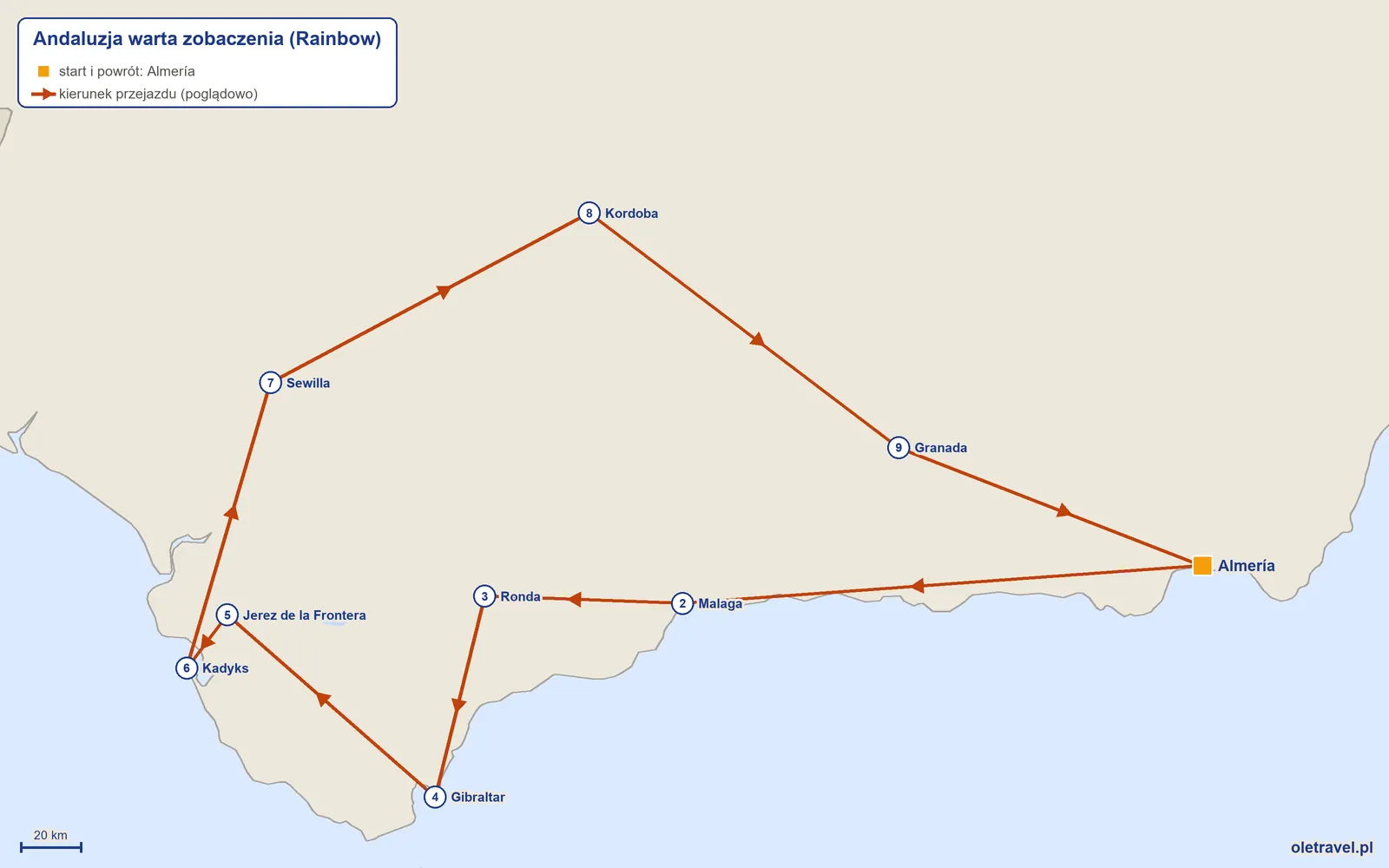 Mapa trasy wycieczki „Andaluzja warta zobaczenia” z Rainbow: Almería – Malaga – Ronda – Gibraltar – Jerez de la Frontera – Kadyks – Sewilla – Kordoba – Granada – Almería