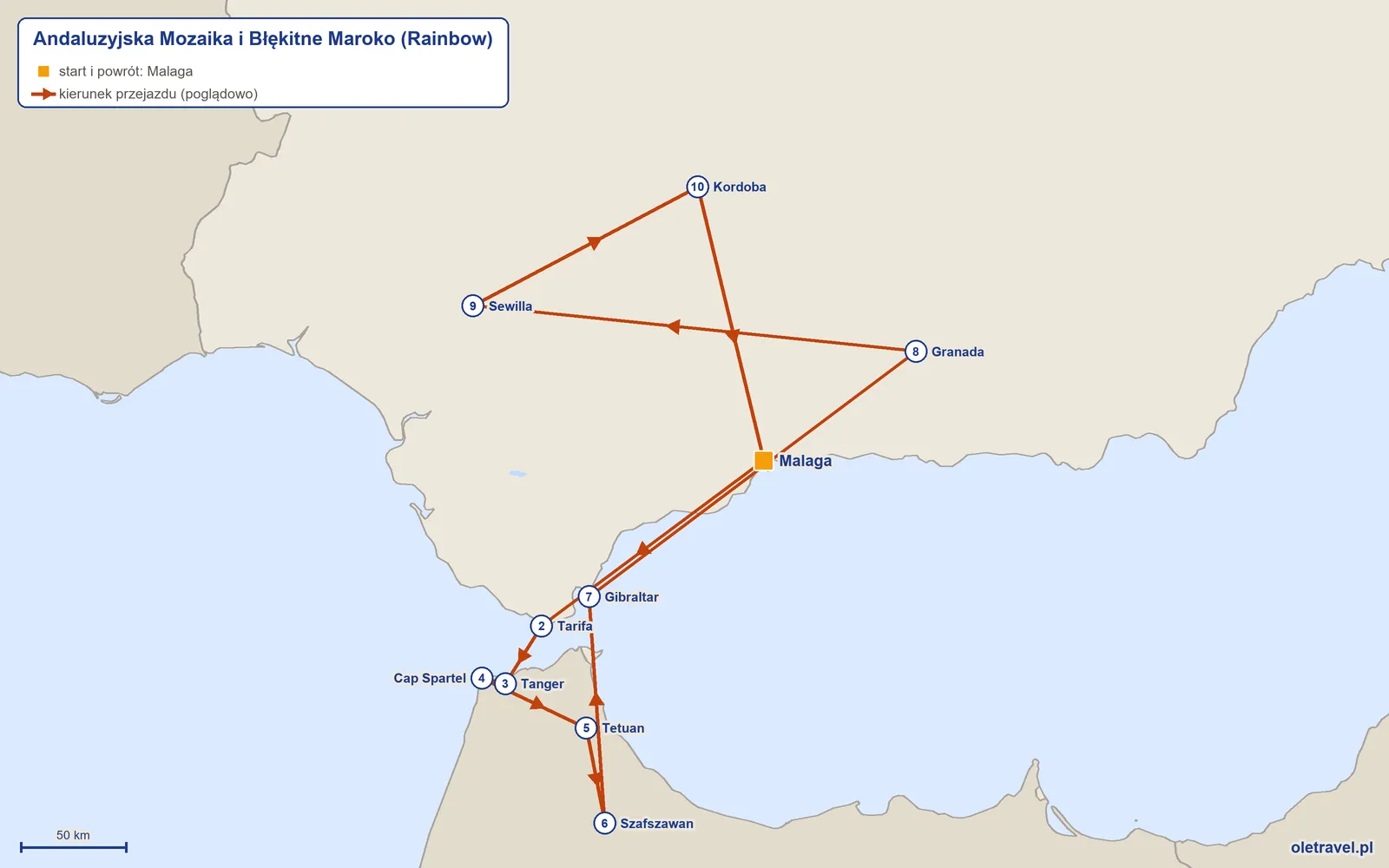 Mapa trasy wycieczki „Andaluzyjska Mozaika i Błękitne Maroko” z Rainbow: Malaga – Tarifa – Tanger – Cap Spartel – Tetuan – Szafszawan – Gibraltar – Granada – Sewilla – Kordoba – Malaga