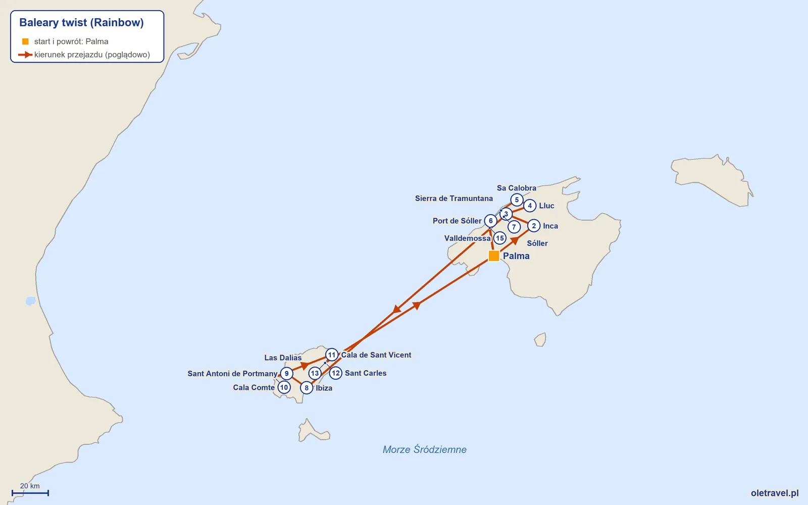 Mapa trasy wycieczki „Baleary twist” z Rainbow: Palma – Inca – Sierra de Tramuntana – Lluc – Sa Calobra – Port de Sóller – Sóller – Ibiza – Sant Antoni de Portmany – Cala Comte – Cala de Sant Vicent – Sant Carles – Las Dalias – Palma – Valldemossa – Palma