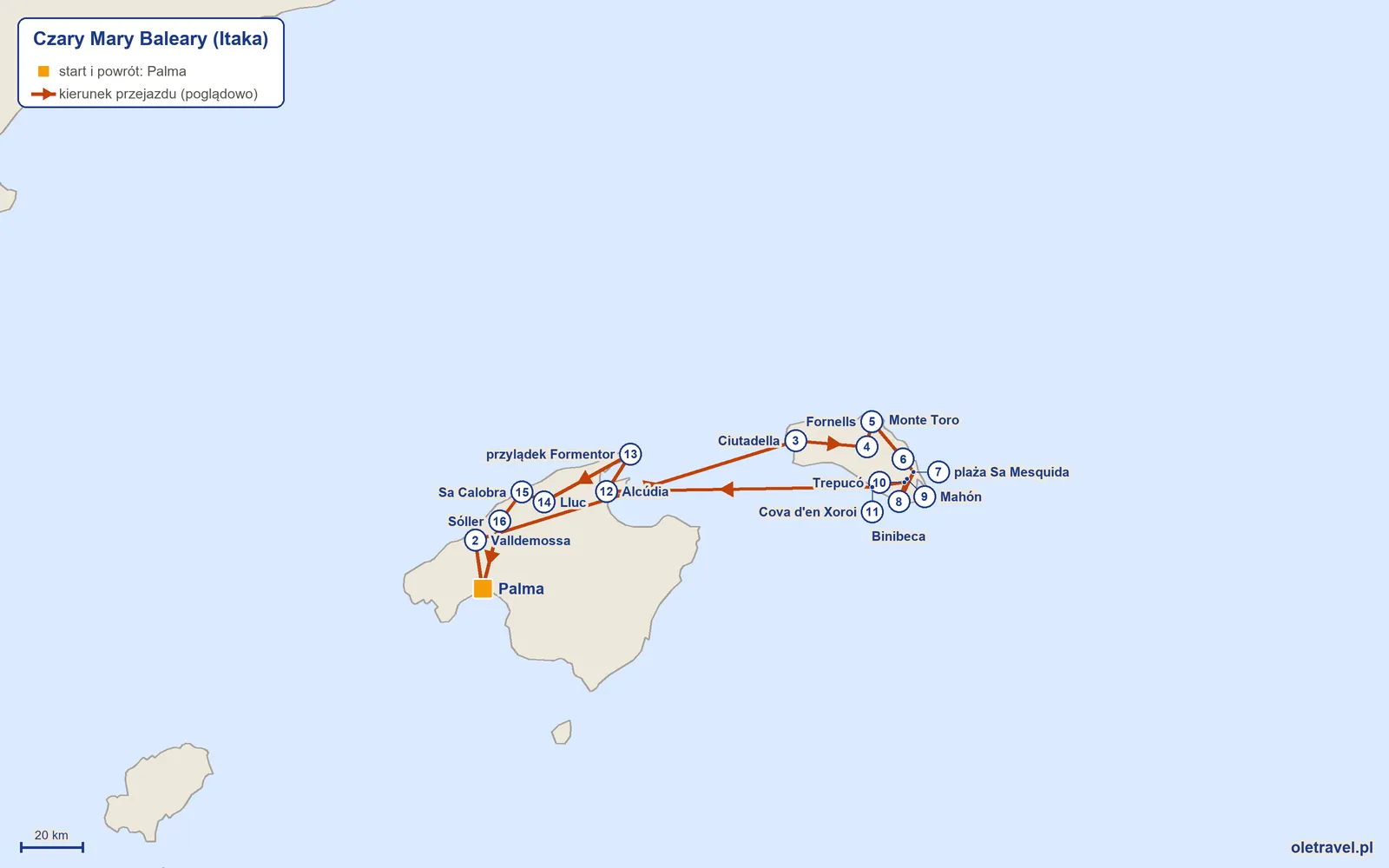 Mapa trasy wycieczki „Czary Mary Baleary” z Itaką: Palma – Valldemossa – Ciutadella – Monte Toro – Fornells – S'Albufera des Grau – plaża Sa Mesquida – Binibeca – Mahón – Trepucó – Cova d'en Xoroi – Alcúdia – przylądek Formentor – Lluc – Sa Calobra – Sóller – Palma