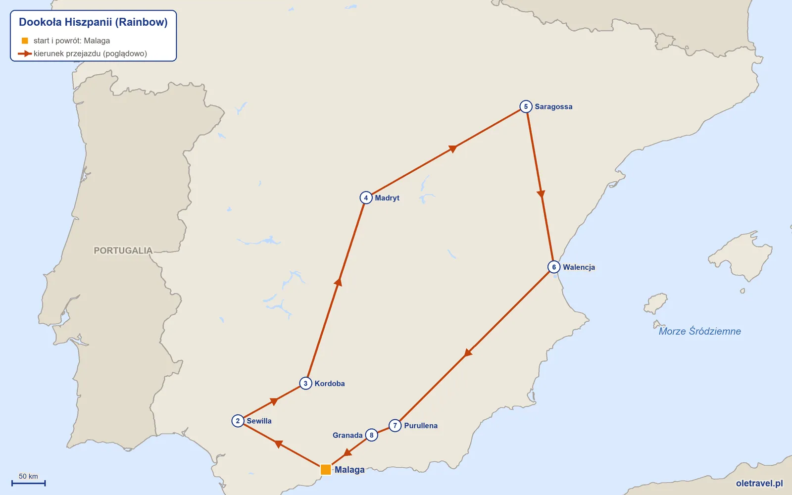 Mapa trasy wycieczki „Dookoła Hiszpanii” z Rainbow: Malaga – Sewilla – Kordoba – Madryt – Saragossa – Walencja – Purullena – Granada – Malaga