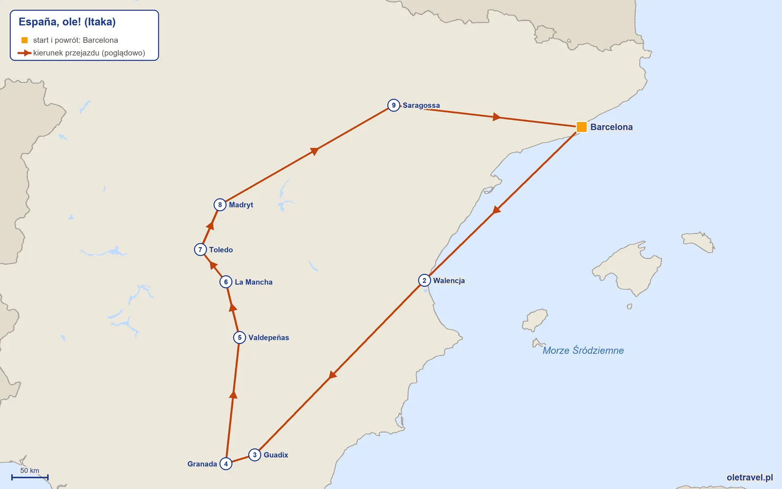 Mapa trasy wycieczki „España, ole!” z Itaką: Barcelona – Walencja – Guadix – Granada – Valdepeñas – La Mancha – Toledo – Madryt – Saragossa – Barcelona