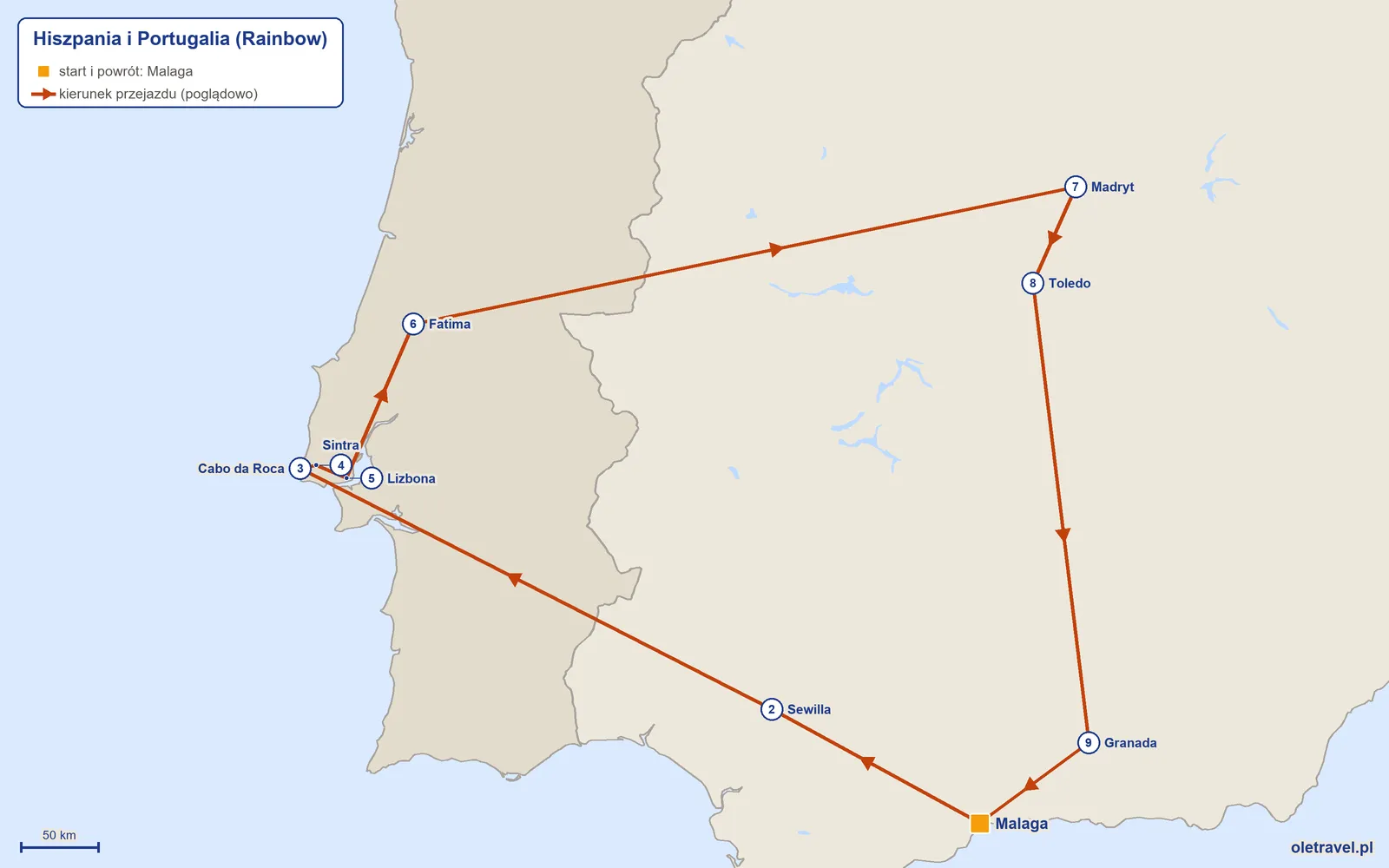 Mapa trasy wycieczki „Hiszpania i Portugalia” z Rainbow: Malaga – Sewilla – Cabo da Roca – Sintra – Lizbona – Fatima – Madryt – Toledo – Granada – Malaga